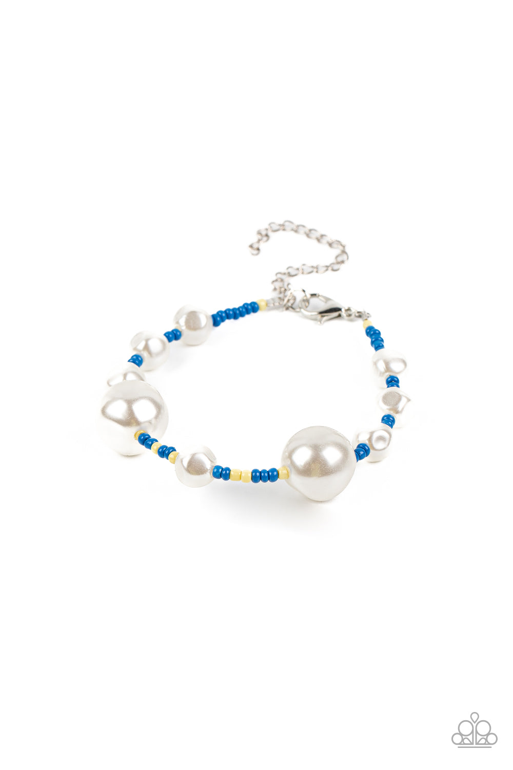 Contemporary Coastline - Blue Seedbead Bracelets rregular-shaped pearls in varying sizes are scattered amongst blue and yellow seed beads that are threaded along a wire, resulting in a refreshing and playful style around the wrist. Features an adjustable clasp closure. Sold as one individual bracelet. Get The Complete Look! Necklace: "Modern Marina - Blue" (Sold Separately
