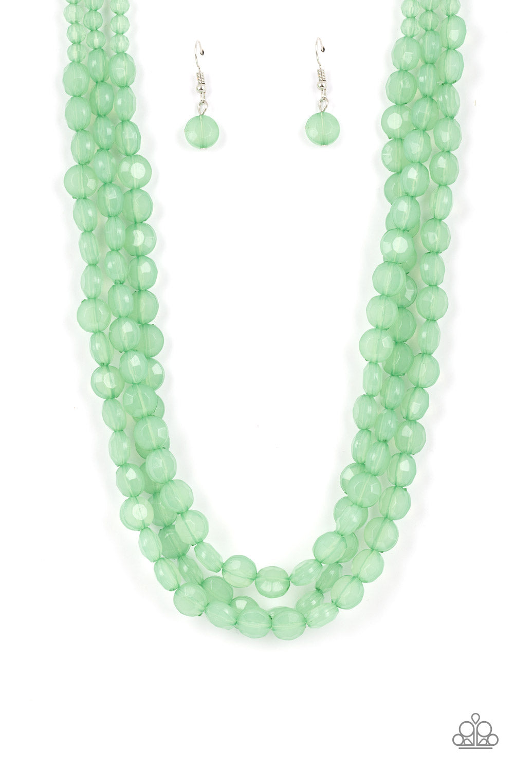 Boundless Bliss - Green Opaque Bead Necklaces featuring faceted gem-like cuts, opaque Basil crystal-like beads are threaded along layers of thread below the collar for a dreamy pop of color. Features an adjustable clasp closure. Sold as one individual necklace. Includes one pair of matching earrings.