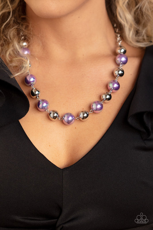 Dreamscape Escape - Purple Iridescent Necklaces dipped in an iridescent finish, oversized lavender pearls alternate with shiny silver beads below the collar for a dreamy pop of shimmer. Features an adjustable clasp closure.  Sold as one individual necklace. Includes one pair of matching earrings.