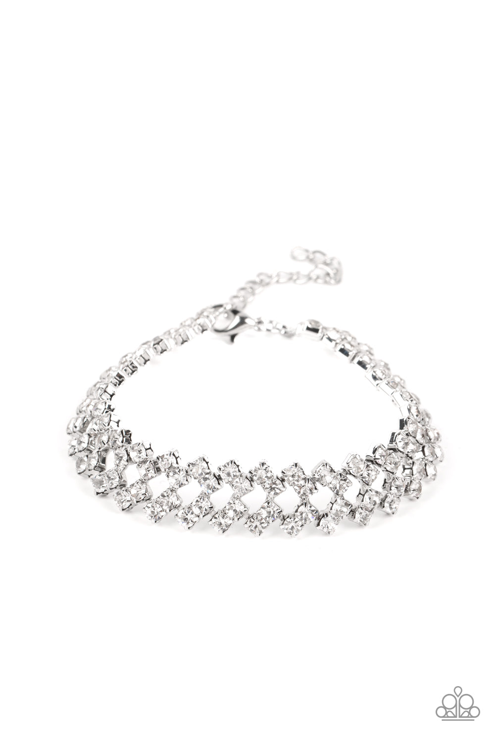 Paparazzi Accessories - Seize the Sizzle - White Rhinestone Bracelets set in pronged silver settings, pairs of icy white rhinestones haphazardly stack around the wrist in sizzling rows of shimmer. Features an adjustable clasp closure.  Sold as one individual bracelet.