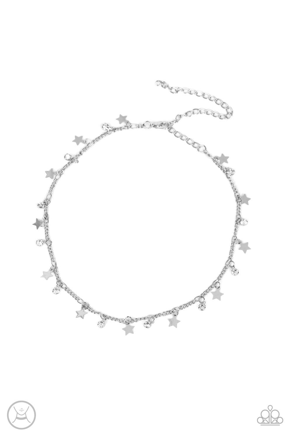 Paparazzi Little Lady Liberty - Silver Star Necklaces dainty white rhinestones and flat silver stars twinkle along a classic silver chain around the neck, resulting in a stellar fringe. Features an adjustable clasp closure.  Sold as one individual choker necklace. Includes one pair of matching earrings.