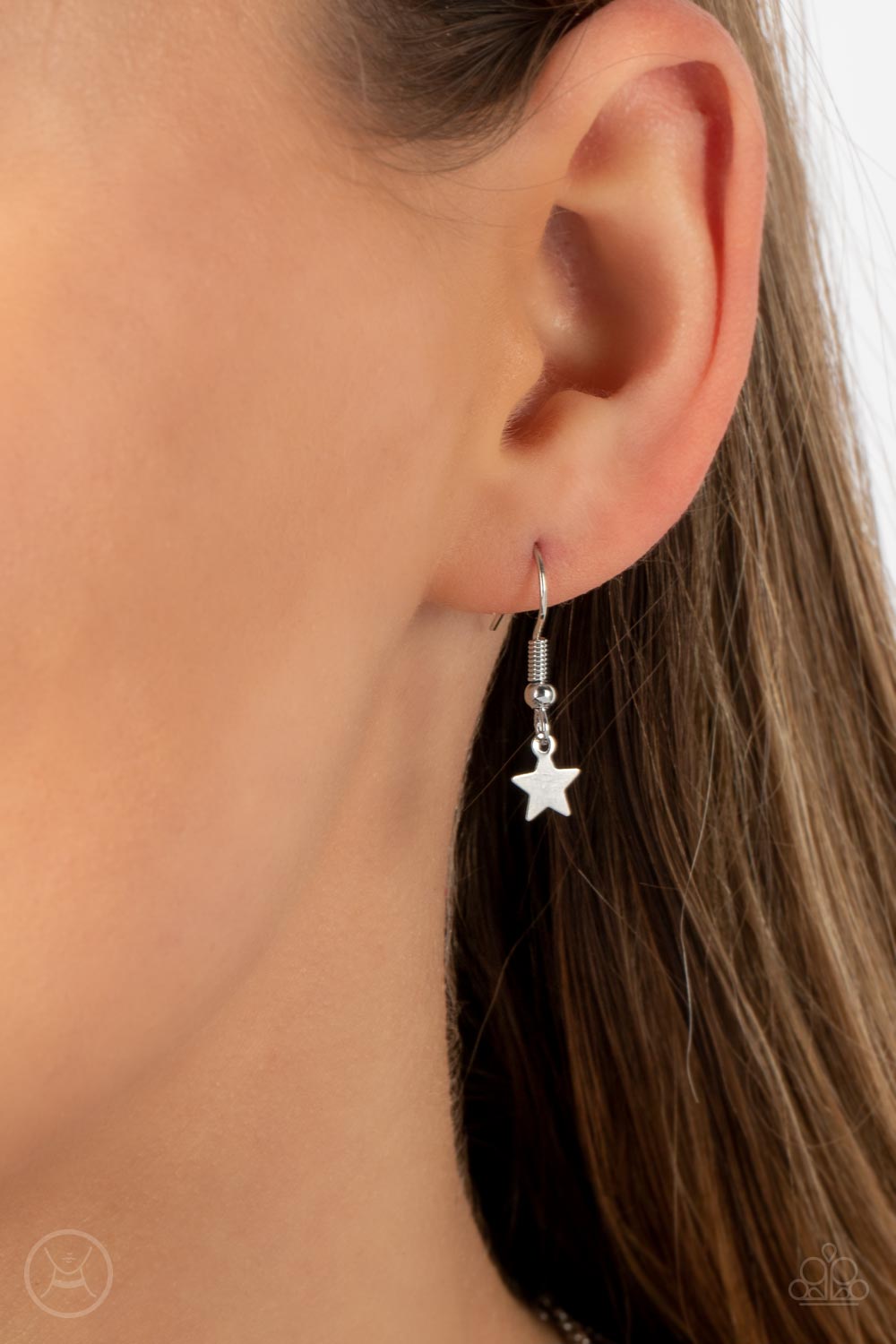 Paparazzi Little Lady Liberty - Silver Star Necklaces dainty white rhinestones and flat silver stars twinkle along a classic silver chain around the neck, resulting in a stellar fringe. Features an adjustable clasp closure. Sold as one individual choker necklace. Includes one pair of matching earrings.