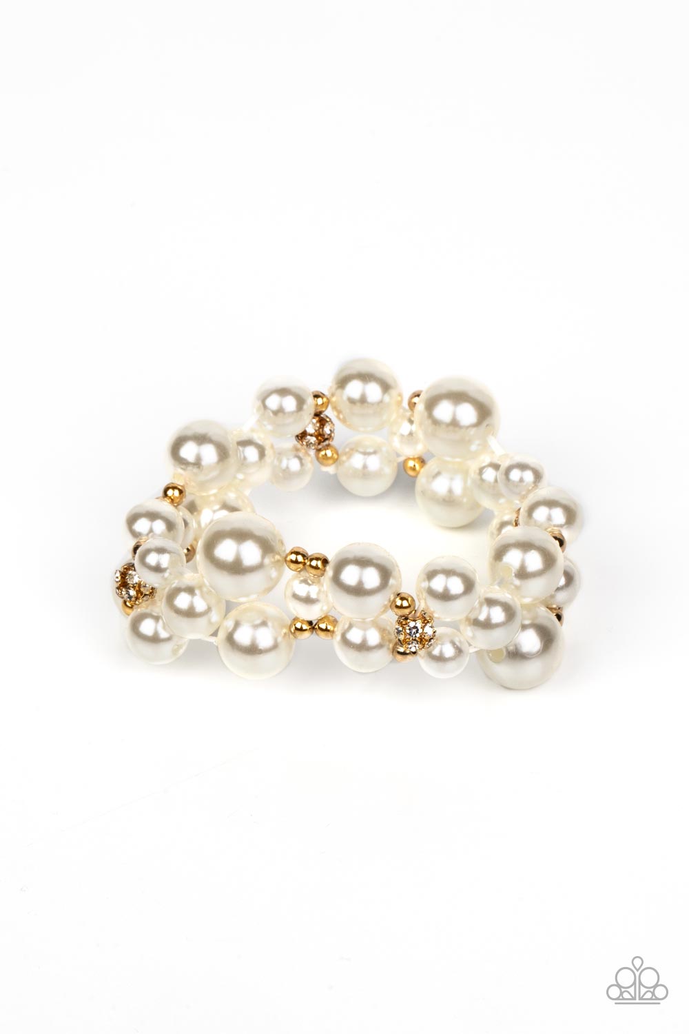 Paparazzi Accessories - Her Serene Highness - Gold Pearl Bracelets bubbly collection of white pearls, dainty gold beads, and white rhinestone encrusted accents are threaded along braided stretchy bands around the wrist, resulting in an elegant effervescence. Sold as one individual bracelet.