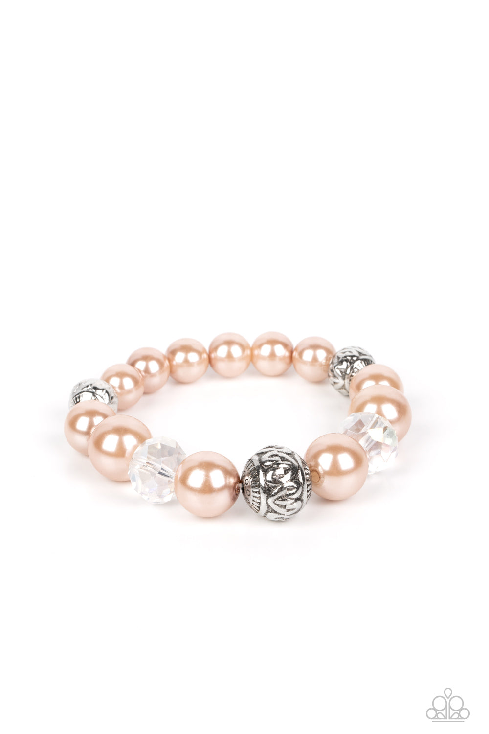 Paparazzi Accessories - Royal Reward - Brown Pearl Bracelets bubbly Iced Coffee pearls, silver antique-detailed balls, and reflective beads nobly drape around the wrist on an elastic stretchy band for a refined pop of color. Sold as one individual bracelet. Get The Complete Look! Necklace: "The NOBLE Prize - Brown" (Sold Separately)