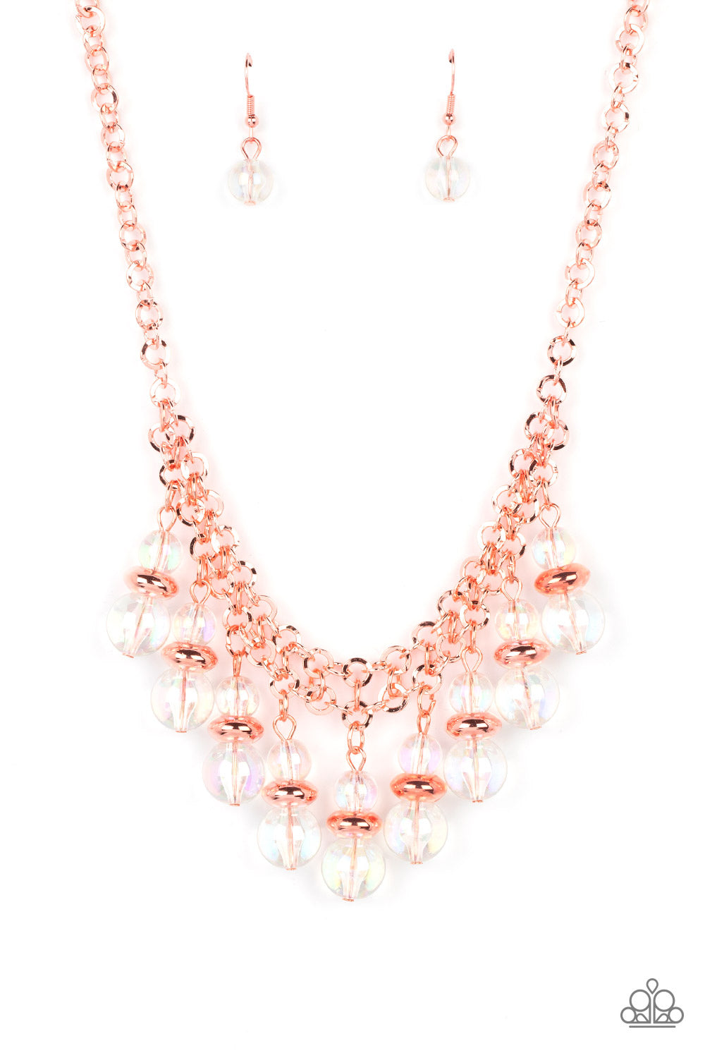 Paparazzi Accessories Deep Space Diva - Copper Iridescence Convention Necklaces featuring a stellar iridescence, pairs of glassy beads are separated by shiny copper discs, trickling below the collar in an effervescent fringe. Features an adjustable clasp closure. Due to its prismatic palette, color may vary.  Sold as one individual necklace. Includes one pair of matching earrings.  2022 Glow Convention