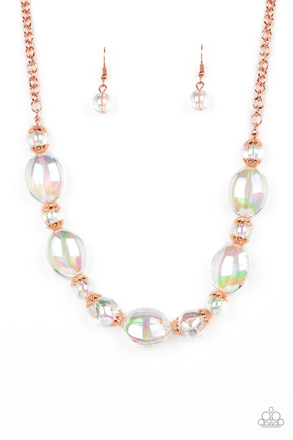 Bubbly iridescent beads in varying sizes drape along the collar, creating a glittery magical effect. Shiny copper cap fittings wrap around the smaller beads, adding vintage metallic detail to the effervescent design. Features an adjustable clasp closure. Due to its prismatic palette, color may vary.  Sold as one individual necklace. Includes one pair of matching earrings.  Get The Complete Look! Bracelet: "Iridescent Illusions - Copper" (Sold Separately)
