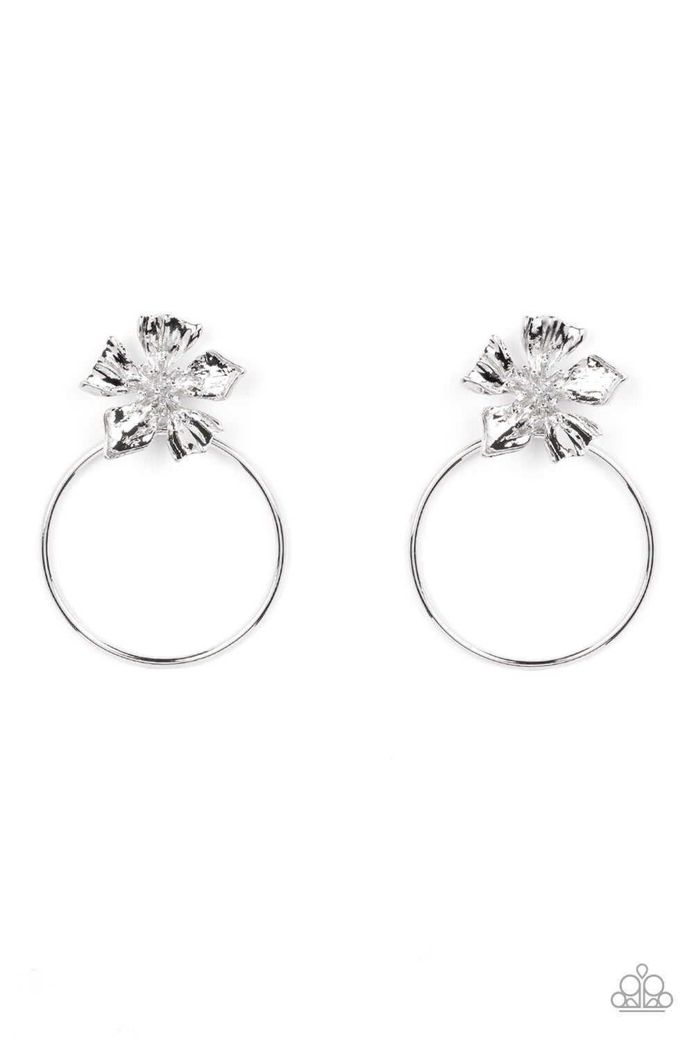 Paparazzi Accessories - Buttercup Bliss - Silver August 2022 Life of the Party Earrings  featuring lifelike textures, a shimmery silver buttercup blooms atop an oversized silver hoop for a whimsical allure. Earring attaches to a standard post fitting.  Sold as one pair of post earrings.