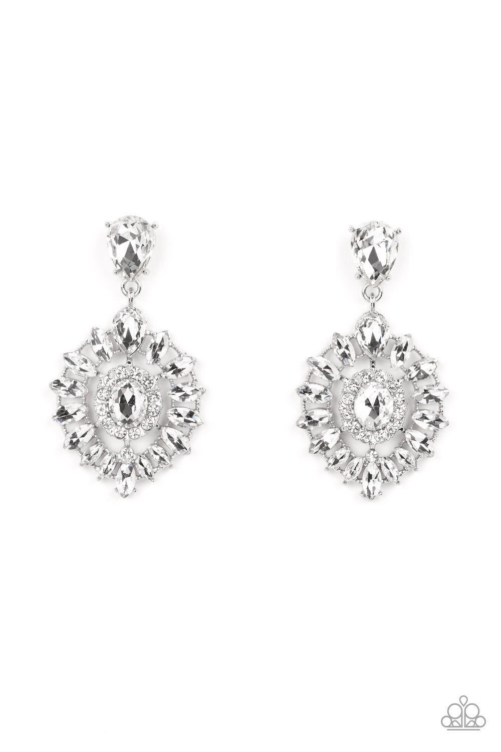 Paparazzi Accessories - My Good LUXE Charm - White Rhinestone Earrings bordered in dainty white rhinestones, an oval white gem is pressed into the center of an explosion of white marquise cut rhinestones. The icy frame swings from the bottom of a solitaire teardrop rhinestone, adding flirtatious movement to the jaw-dropping display. Earring attaches to a standard post fitting. Sold as one pair of post earrings.