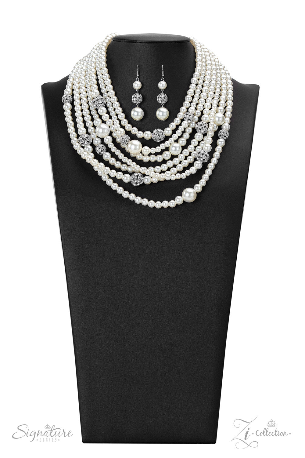 Paparazzi Accessories The Courtney - 2022 Signature Zi Collection Necklace strand after strand of lustrous white pearls layer down the chest, creating timeless tiers. Airy silver spheres, adorned in sparkling white rhinestones, are effortlessly sprinkled among the sea of pearls, infusing the design with capricious shimmer, while larger pearl beads add dimension and depth to this classic motif. Features an adjustable clasp closure.  Sold as one individual necklace. Includes one pair of matching earrings.