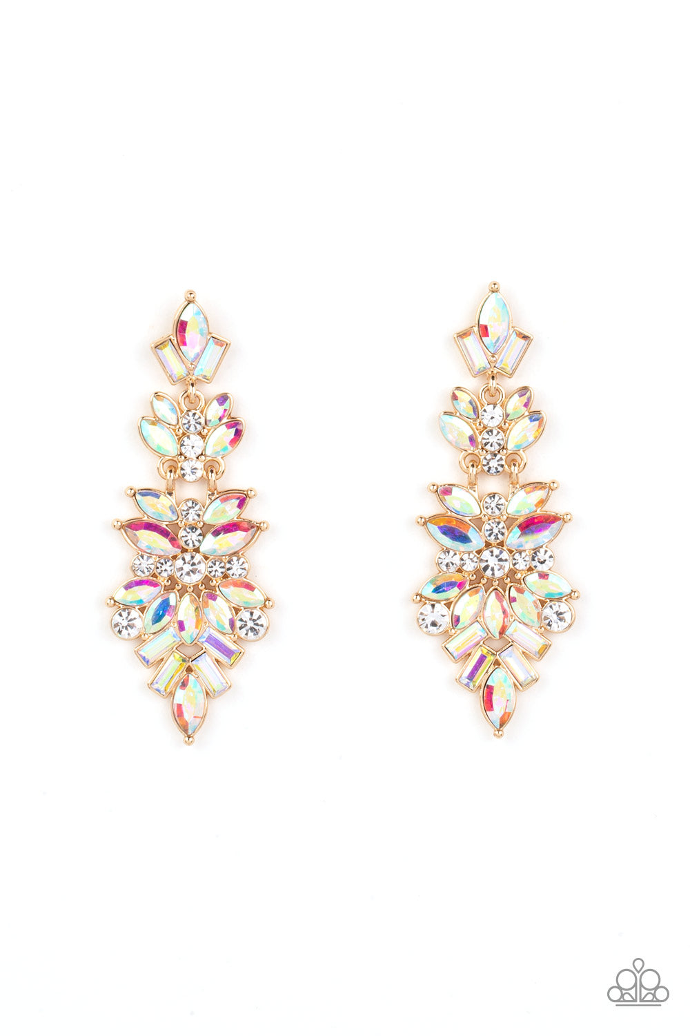 Paparazzi Accessories Frozen Fairytale - Multi Iridescent Rhinestone Earrings featuring white and iridescent finishes, trestles of round, marquise, and emerald cut rhinestones cluster into three sparkly segments as they link into a jaw-dropping lure. Earring attaches to a standard post fitting. Due to its prismatic palette, color may vary. Sold as one pair of post earrings.