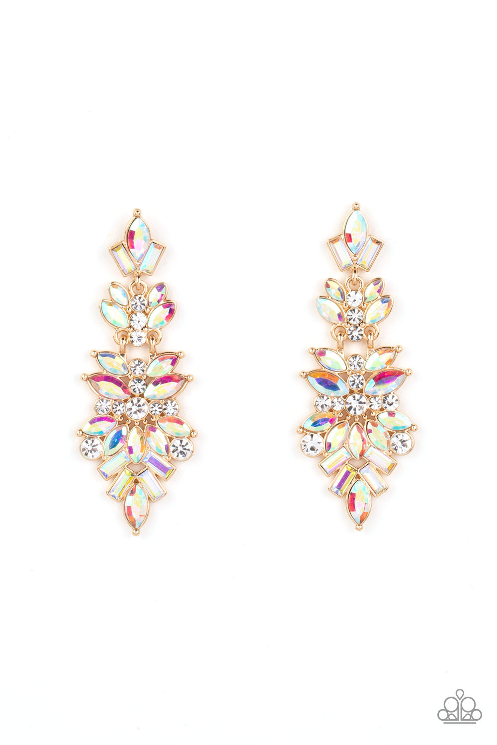 Paparazzi Accessories Frozen Fairytale - Multi Iridescent Rhinestone Earrings featuring white and iridescent finishes, trestles of round, marquise, and emerald cut rhinestones cluster into three sparkly segments as they link into a jaw-dropping lure. Earring attaches to a standard post fitting. Due to its prismatic palette, color may vary.  Sold as one pair of post earrings.