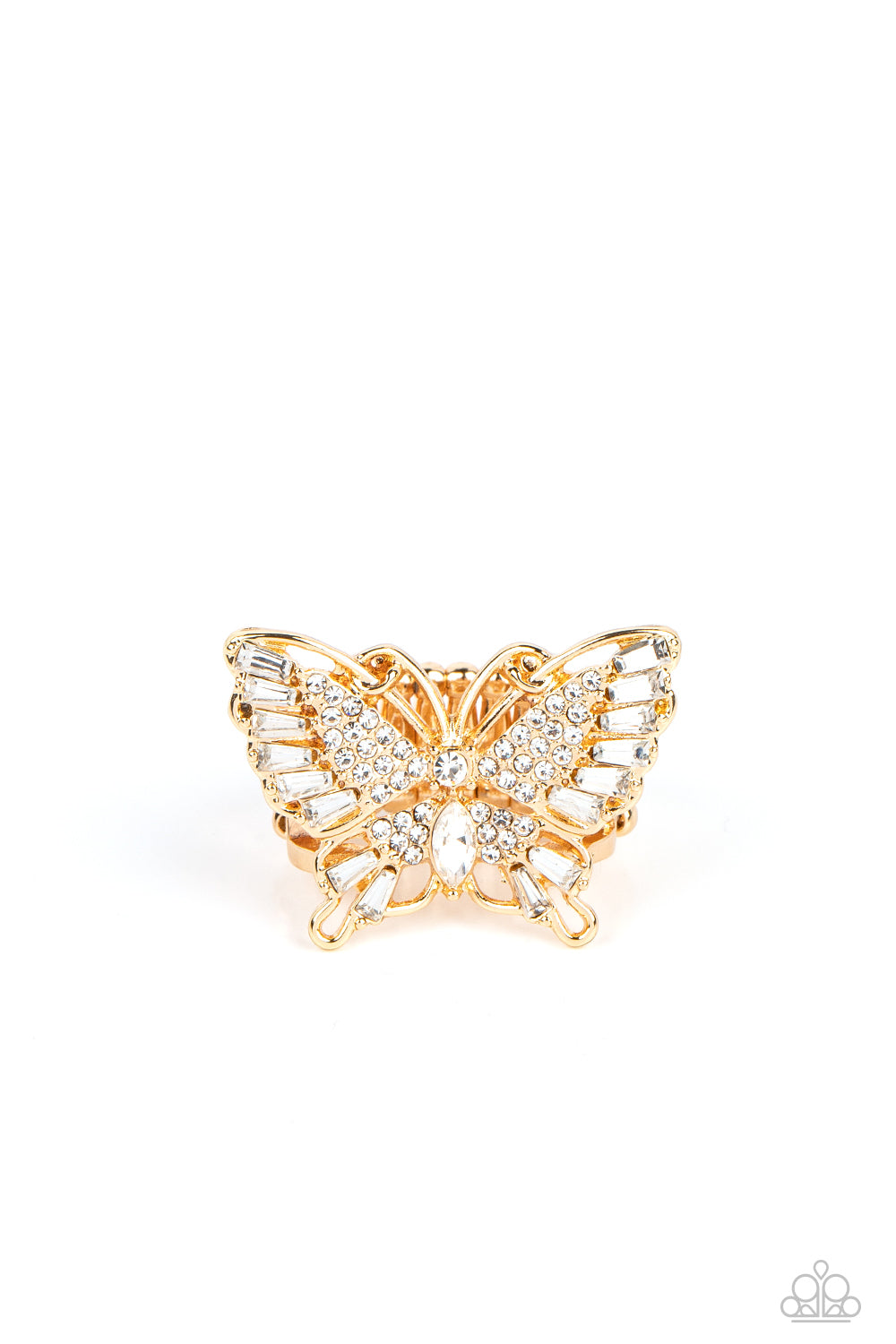 Paparazzi Accessories Fearless Flutter - Gold Butterfly Rings sparkling with round, teardrop, and emerald cut white rhinestones, a gold butterfly fearlessly flutters atop the finger for a statement-making finish. Features a stretchy band for a flexible fit.  Sold as one individual ring.