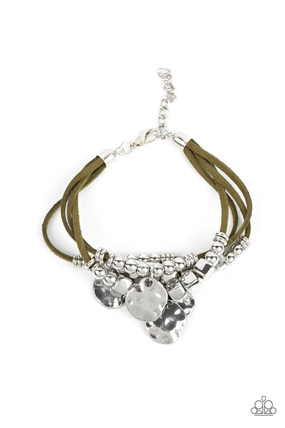 Paparazzi Accessories Token Trek - Green Hammered Convention Bracelets asymmetrical, hammered silver discs swing from layers of Martini Olive suede that are adorned with silver discs, beads, and cubes, resulting in noisemaking shimmer around the wrist. Features an adjustable clasp closure. Sold as one individual bracelet. 2022 Glow Convention