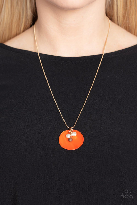 Paparazzi Accessories - Beach House Harmony - Orange Necklaces dainty white pearls and wooden beads dangle over a smooth oversized orange shell. Features an adjustable clasp closure.  Sold as one individual necklace. Includes one pair of matching earrings.
