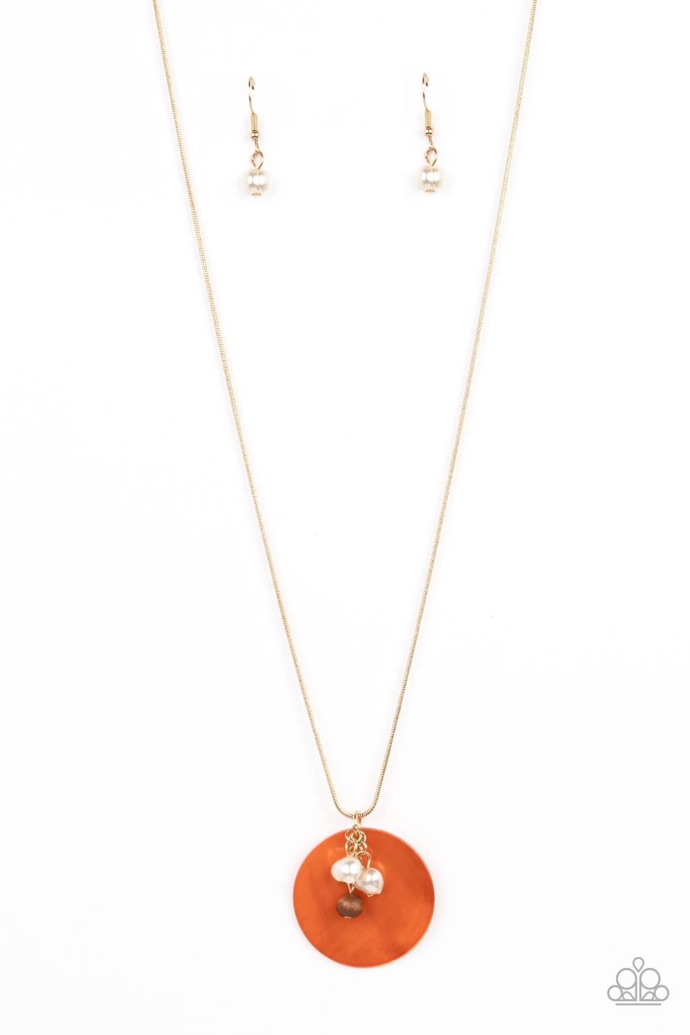 Paparazzi Accessories - Beach House Harmony - Orange Necklaces dainty white pearls and wooden beads dangle over a smooth oversized orange shell. Features an adjustable clasp closure.  Sold as one individual necklace. Includes one pair of matching earrings.