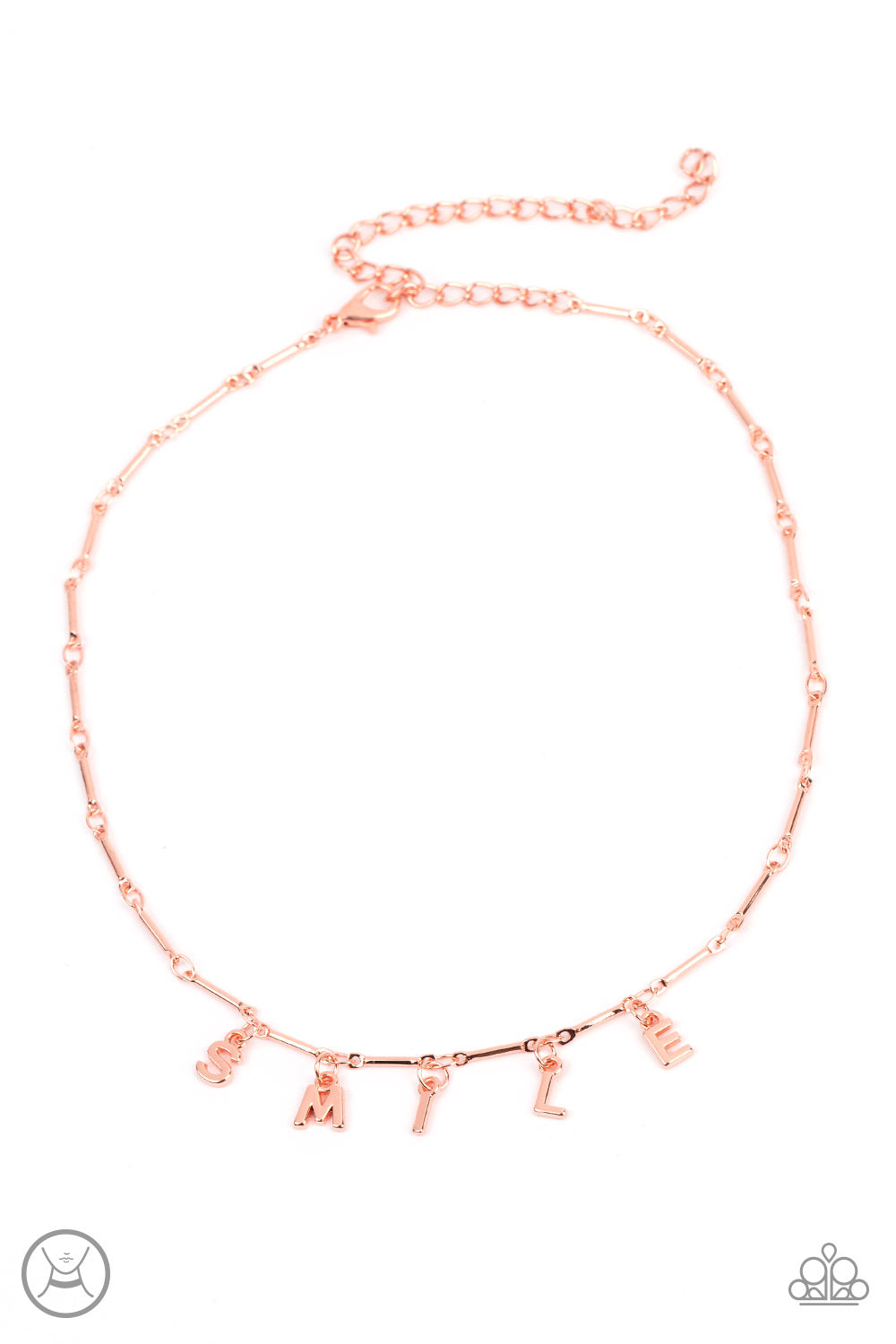 Paparazzi Accessories - Say My Name - Copper Choker Necklaces separated by dainty copper rods, copper letters spell out the word SMILE in a soft, and simple manner. Features an adjustable clasp closure.  Sold as one individual choker necklace. Includes one pair of matching earrings.