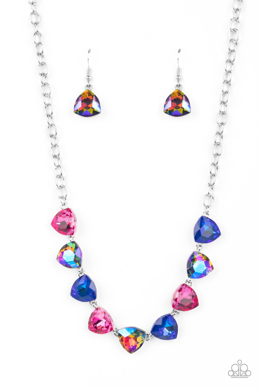 Paparazzi Accessories - Dreamy Drama - Blue EMP 2023 Necklaces a collection of dreamy trilliant-cut rhinestones in iridescent shades of blue and pink fall in line along the collar in a majestic finish. Features an adjustable clasp closure. Due to its prismatic palette, color may vary.  Sold as one individual necklace. Includes one pair of matching earrings.