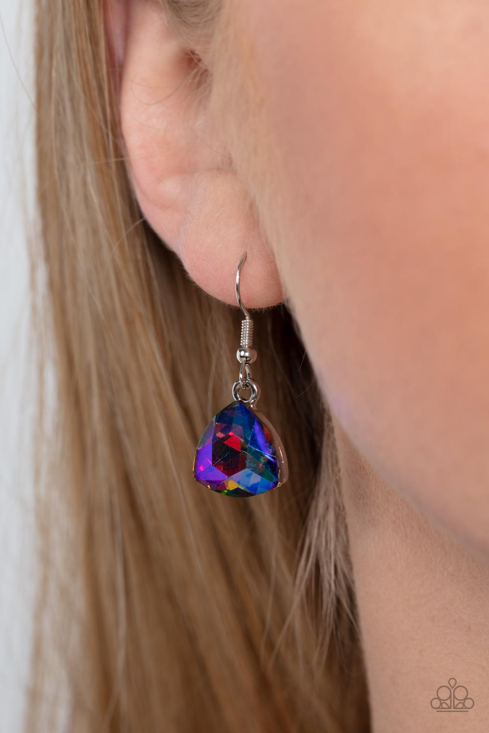 Paparazzi Accessories - Dreamy Drama - Blue EMP 2023 Necklaces a collection of dreamy trilliant-cut rhinestones in iridescent shades of blue and pink fall in line along the collar in a majestic finish. Features an adjustable clasp closure. Due to its prismatic palette, color may vary. Sold as one individual necklace. Includes one pair of matching earrings.