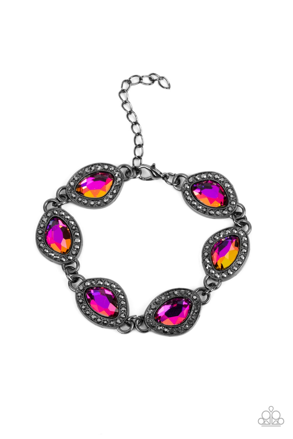 Paparazzi Accessories Next Level Sparkle - Multi Oil Spill Bracelets bordered in gunmetal frames dotted with tiny flecks of hematite rhinestones, a collection of asymmetrical gems coated in an oil-spill finish delicately link into a spellbinding sparkle around the wrist. Features an adjustable clasp closure. Due to its prismatic palette, color may vary. Sold as one individual bracelet.