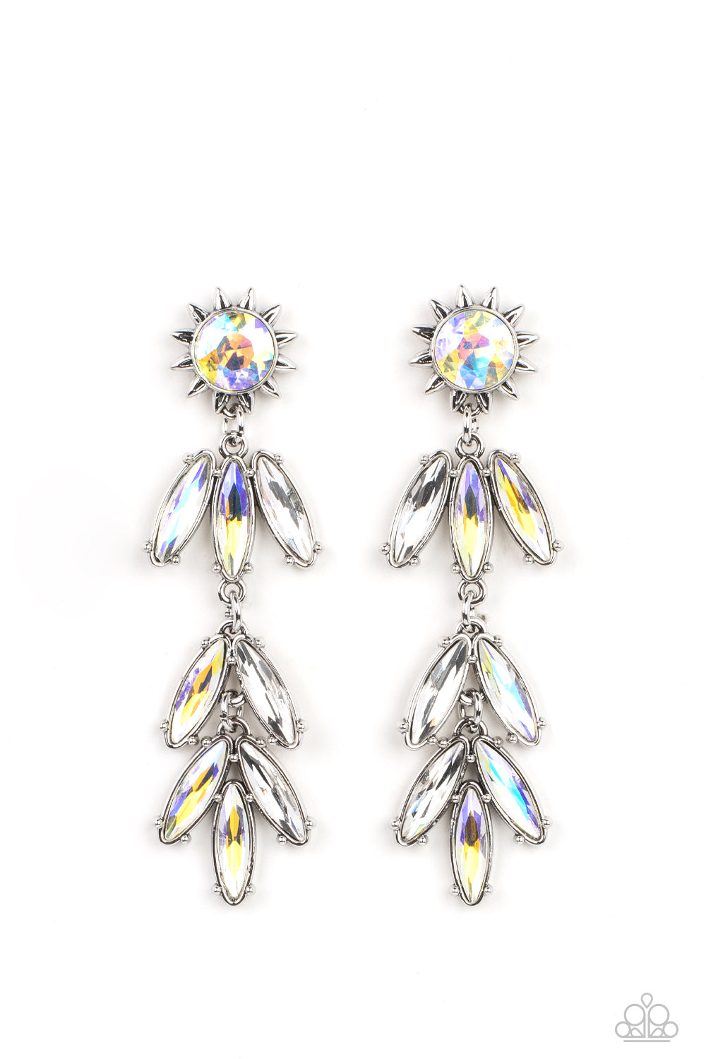 Paparazzi Accessories - Space Age Sparkle - Yellow Iridescent Earrings a silver sunburst frame wraps around a yellow iridescent gem as it gives way to an explosion of marquise-cut rhinestones in the same dreamy finish. The oblong frames swing dramatically from the ear, capturing and reflecting light at every turn. Earring attaches to a standard post fitting. Due to its prismatic palette, color may vary.  Sold as one pair of post earrings.