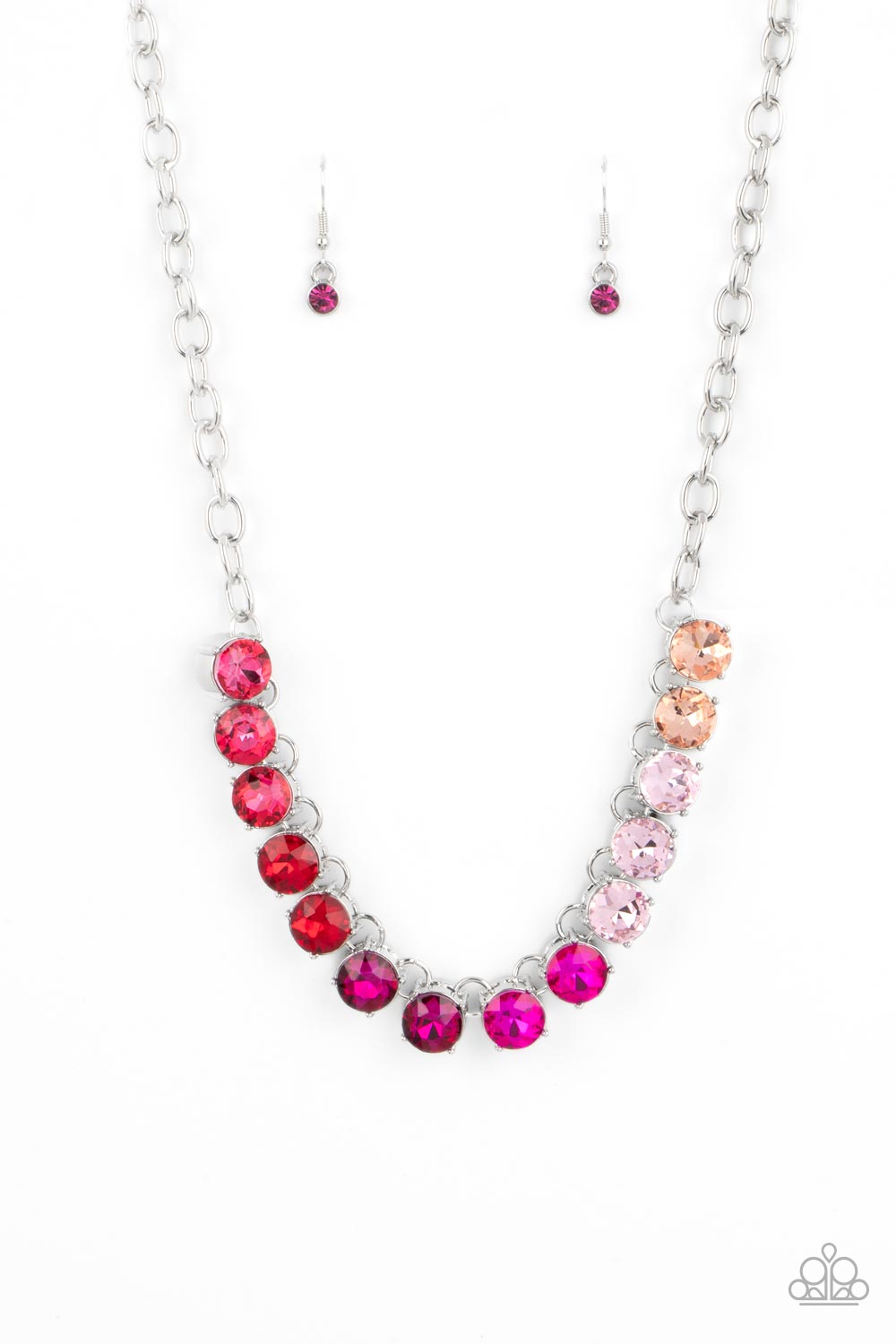 Paparazzi Accessories Rainbow RESPLENDENCE - Pink Rhinestone Necklaces set in bold silver fittings, a rainbow of oversized rhinestones in varying shades of pink sparkles below the collar for an out-of-this-world statement. Features an adjustable clasp closure. Sold as one individual necklace. Includes one pair of matching earrings.
