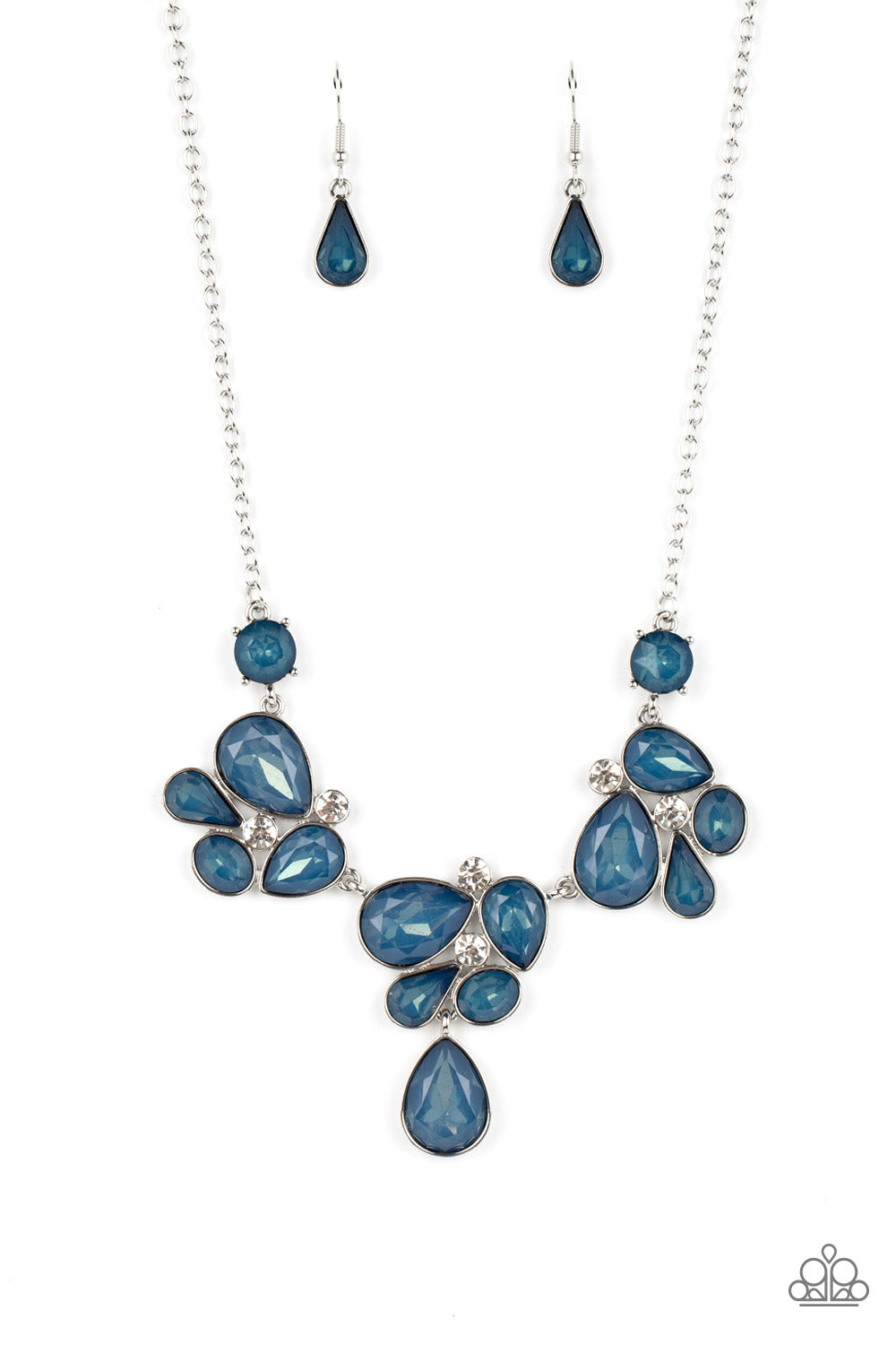Paparazzi Accessories Everglade Escape - Blue Convention Necklaces draped elegantly across the chest, clusters of geometric blue gems, brushed in the fall Pantone® of Midnight, gather around sparkling white rhinestones, creating a bright and beautiful pattern. Features an adjustable clasp closure.  Sold as one individual necklace. Includes one pair of matching earrings.  2022 Glow Convention