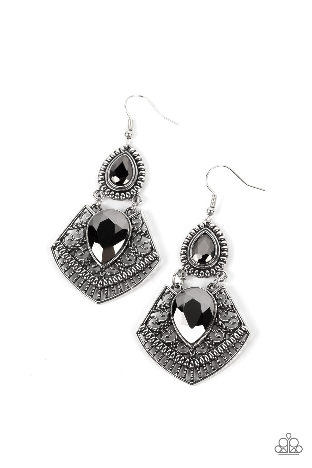 Paparazzi Accessories Royal Remix - Silver Gem Convention Earrings hematite teardrop gem is pressed into a flared silver frame swirled in intricate patterns. The flared frame swings below a smaller hematite teardrop that is wrapped in a border of silver studs, creating a swinging statement. Earring attaches to a standard fishhook fitting.  Sold as one pair of earrings.  2022 Glow Convention