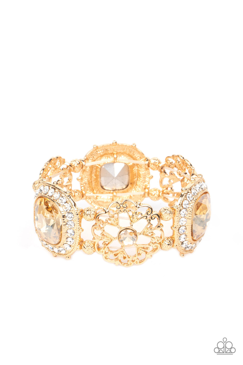 Oversized faceted golden gems in dramatically rounded square cuts are wrapped in borders of classic white rhinestones, emitting a breathtaking sheen. Floral-inspired frames, dotted with solitaire golden rhinestones, bloom in between the large rhinestones, adding airy accents to the bold design, as textured gold beads separate each frame as they're threaded along stretchy elastic bands. Sold as one individual bracelet.