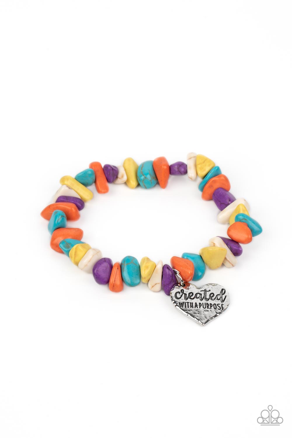 Bracelets an assortment of chiseled orange, turquoise, yellow, purple, and white stones are threaded along an elastic stretchy band in a free-spirited pattern. A silver heart charm, hammered in antiqued texture is engraved with the words "created with a purpose" for an inspiring finish. As the stone elements in this piece are natural, some color variation is normal. Sold as one individual bracelet.