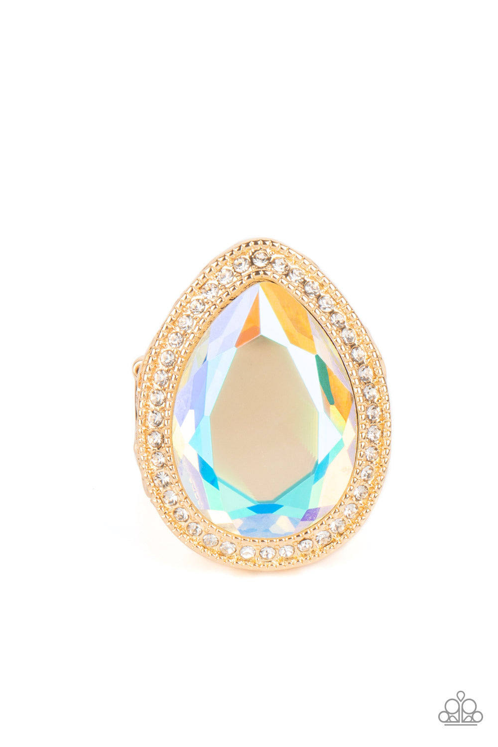 Paparazzi Accessories - Illuminated Icon - Gold Life of the Party Rings an oversized teardrop gem with an iridescent finish is nestled inside a gold teardrop frame encrusted in dainty white rhinestones. Airy teardrop cutouts decorate each side of the oversized frame, some with subtle texture and others with a high sheen finish. Features a stretchy band for a flexible fit. Due to its prismatic palette, color may vary.  Sold as one individual ring.