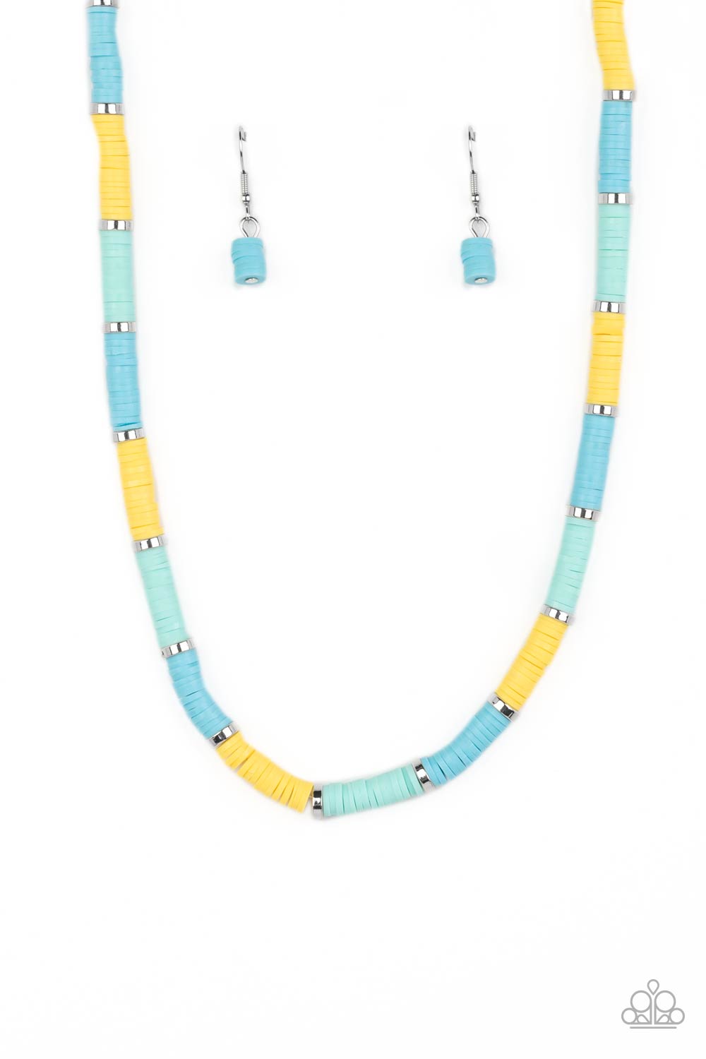 Rubber discs in shades of Waterspout, Primrose, and turquoise are threaded along an invisible wire, adorning the collar in a courageous pop of color. Shiny silver discs separate the bands of color, adding a hint of industrial sheen to the youthful design. Features an adjustable clasp closure. Sold as one individual necklace. Includes one pair of matching earrings.