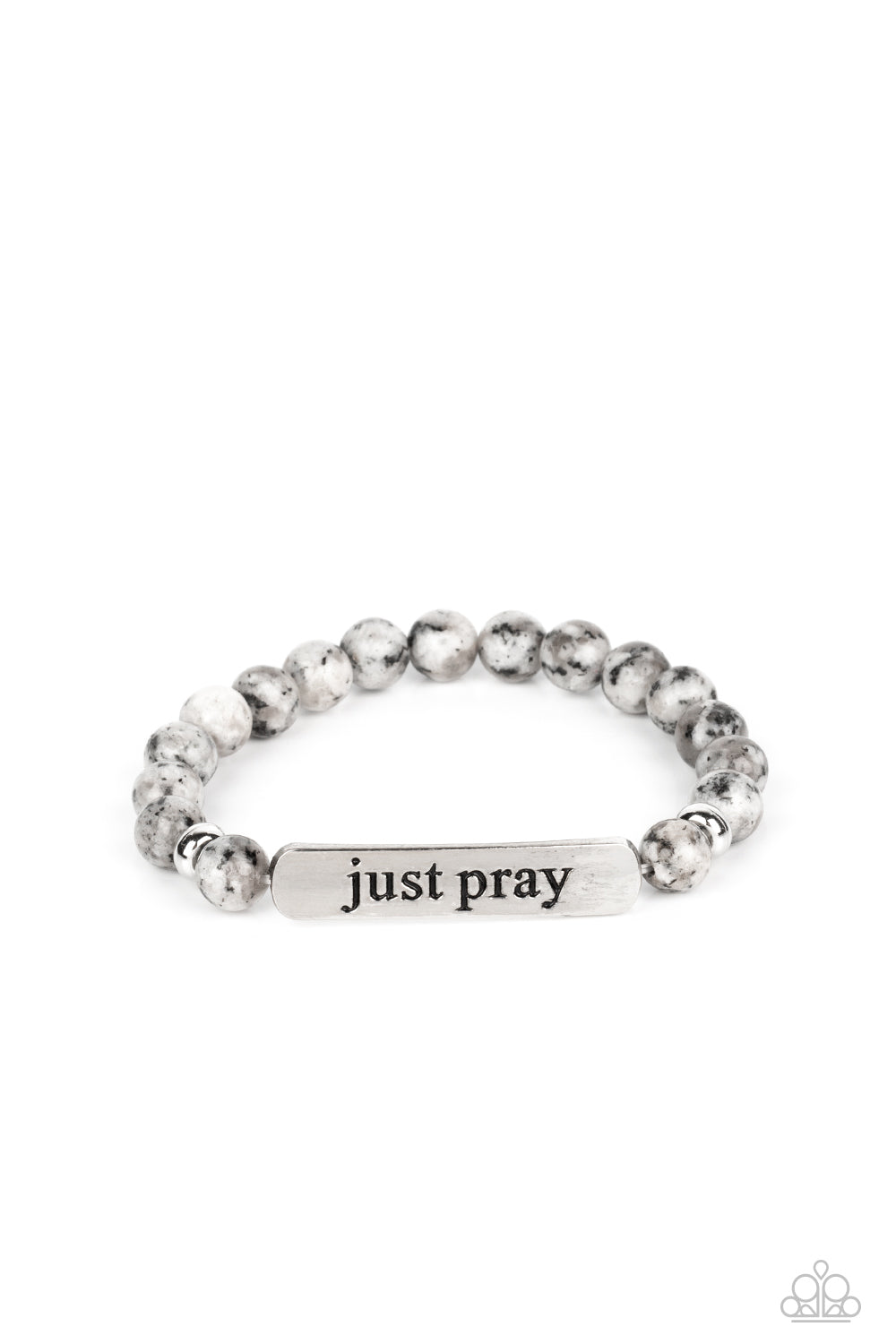 Paparazzi Accessories - Just Pray - Silver Inspirational Bracelets smooth, gray speckled stones are stretched across the wrist on an elastic stretchy band, with accents of silver beads sprinkled in. Meeting in the center of the stony display, a curved rectangular bar is stamped with the phrase "just pray" for an inspiring finish. As the stone elements in this piece are natural, some color variation is normal. Sold as one individual bracelet.