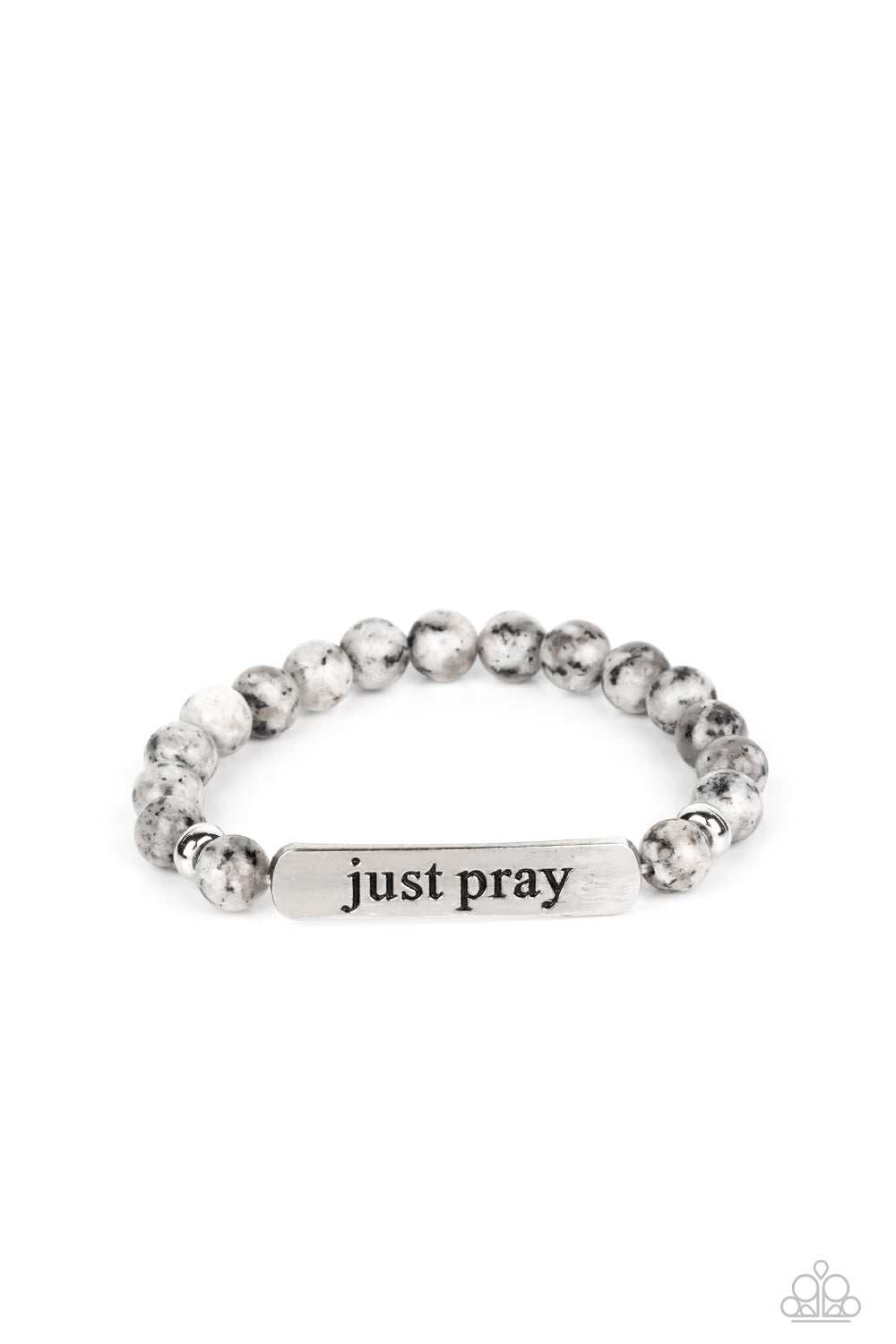Paparazzi Accessories - Just Pray - Silver Inspirational Bracelets smooth, gray speckled stones are stretched across the wrist on an elastic stretchy band, with accents of silver beads sprinkled in. Meeting in the center of the stony display, a curved rectangular bar is stamped with the phrase "just pray" for an inspiring finish. As the stone elements in this piece are natural, some color variation is normal.  Sold as one individual bracelet.