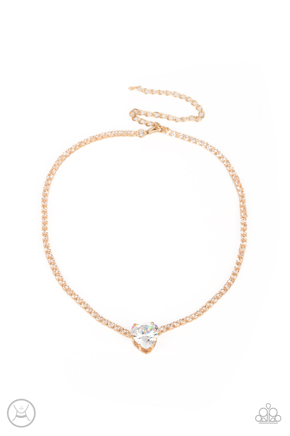 Paparazzi Accessories - Flirty Fiancé and Bedazzled Beauty - Gold Heart Set an oversized white heart-shaped gem, set in an airy, pronged gold fitting, glitters at the center of a blinding row of dainty, glassy white rhinestones set in square gold fittings, resulting in a flirtatious sparkle around the neckline. A heart-shaped gem, set in an airy, pronged gold fitting, glitters at the center of a blinding row of dainty, glassy white rhinestones set in square gold fittings, resulting in a flirtatious sparkle.