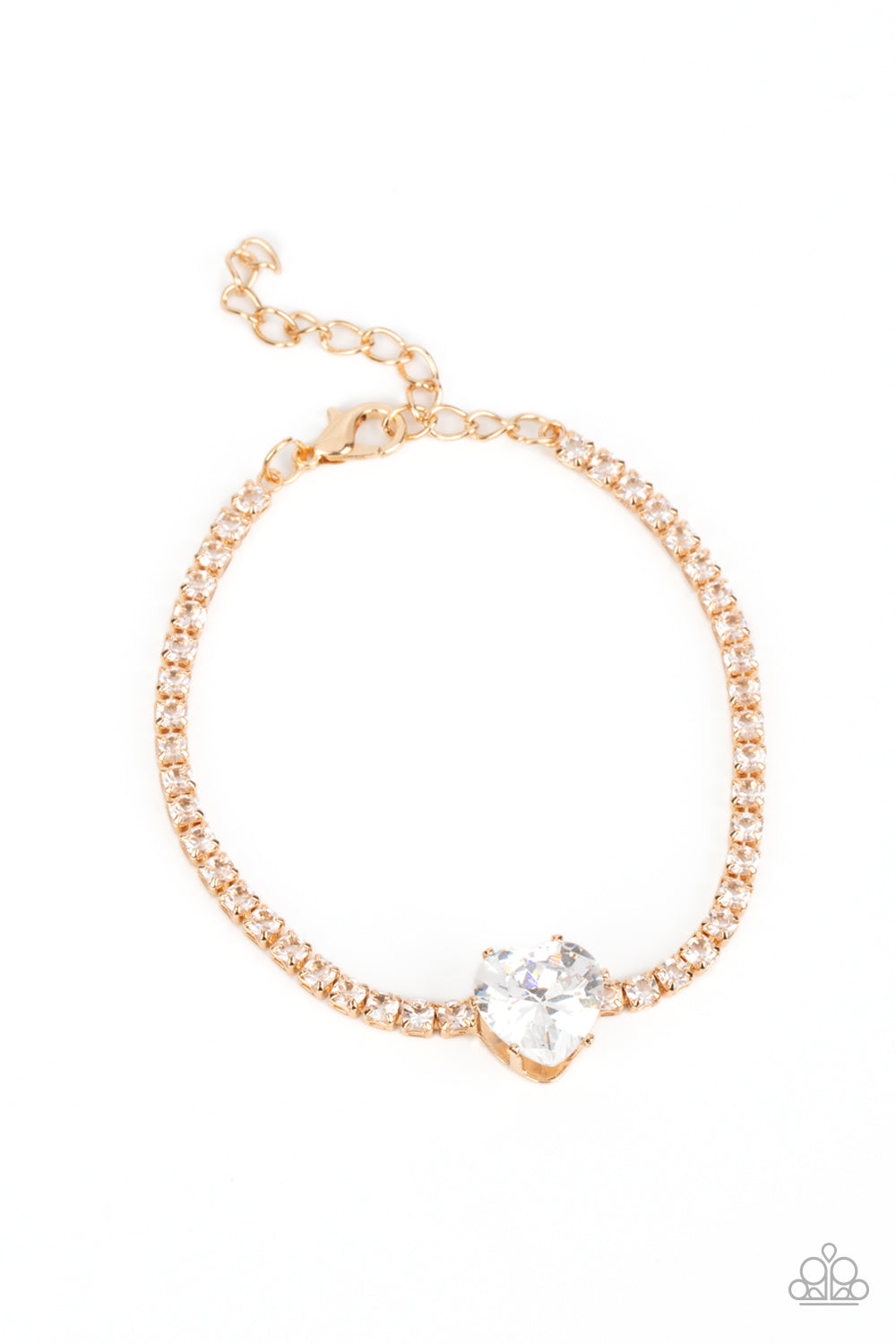 Paparazzi Accessories - Flirty Fiancé and Bedazzled Beauty - Gold Heart Set an oversized white heart-shaped gem, set in an airy, pronged gold fitting, glitters at the center of a blinding row of dainty, glassy white rhinestones set in square gold fittings, resulting in a flirtatious sparkle around the neckline. A heart-shaped gem, set in an airy, pronged gold fitting, glitters at the center of a blinding row of dainty, glassy white rhinestones set in square gold fittings, resulting in a flirtatious sparkle.