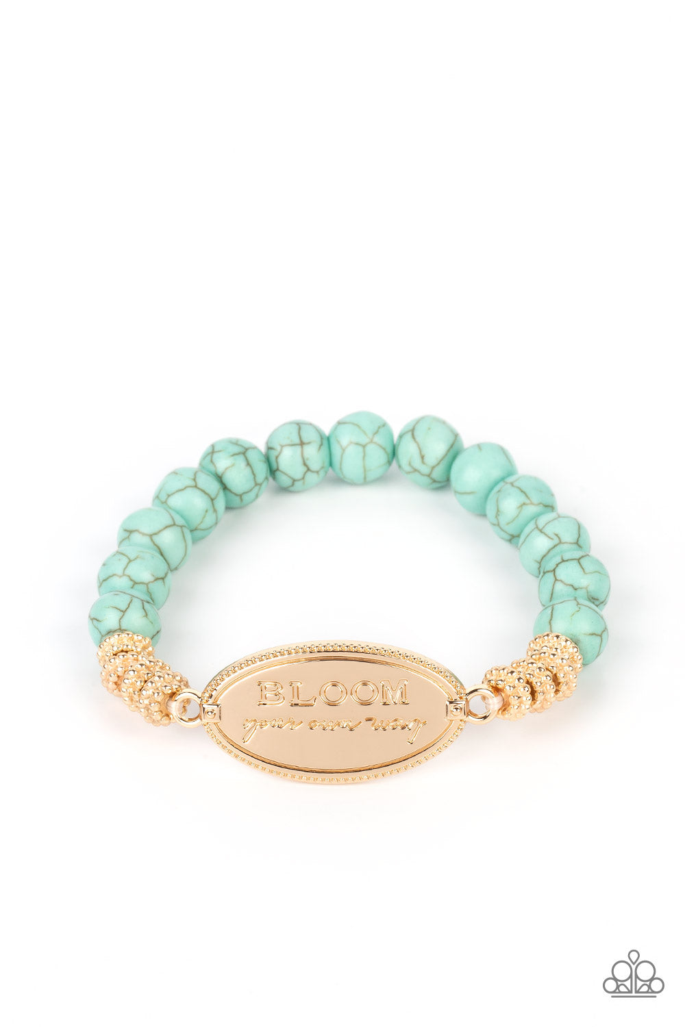 An asymmetrical, textured, gold oval pendant features the phrase "BLOOM your own way" in a variety of fonts to emphasize the inspirational message. Four textured gold wheels fan out from the pendant to a refreshing collection of light blue stones that stretch along the wrist on an elastic stretchy band for a charming pop of color along the wrist. As the stone elements in this piece are natural, some color variation is normal.  Sold as one individual bracelet.