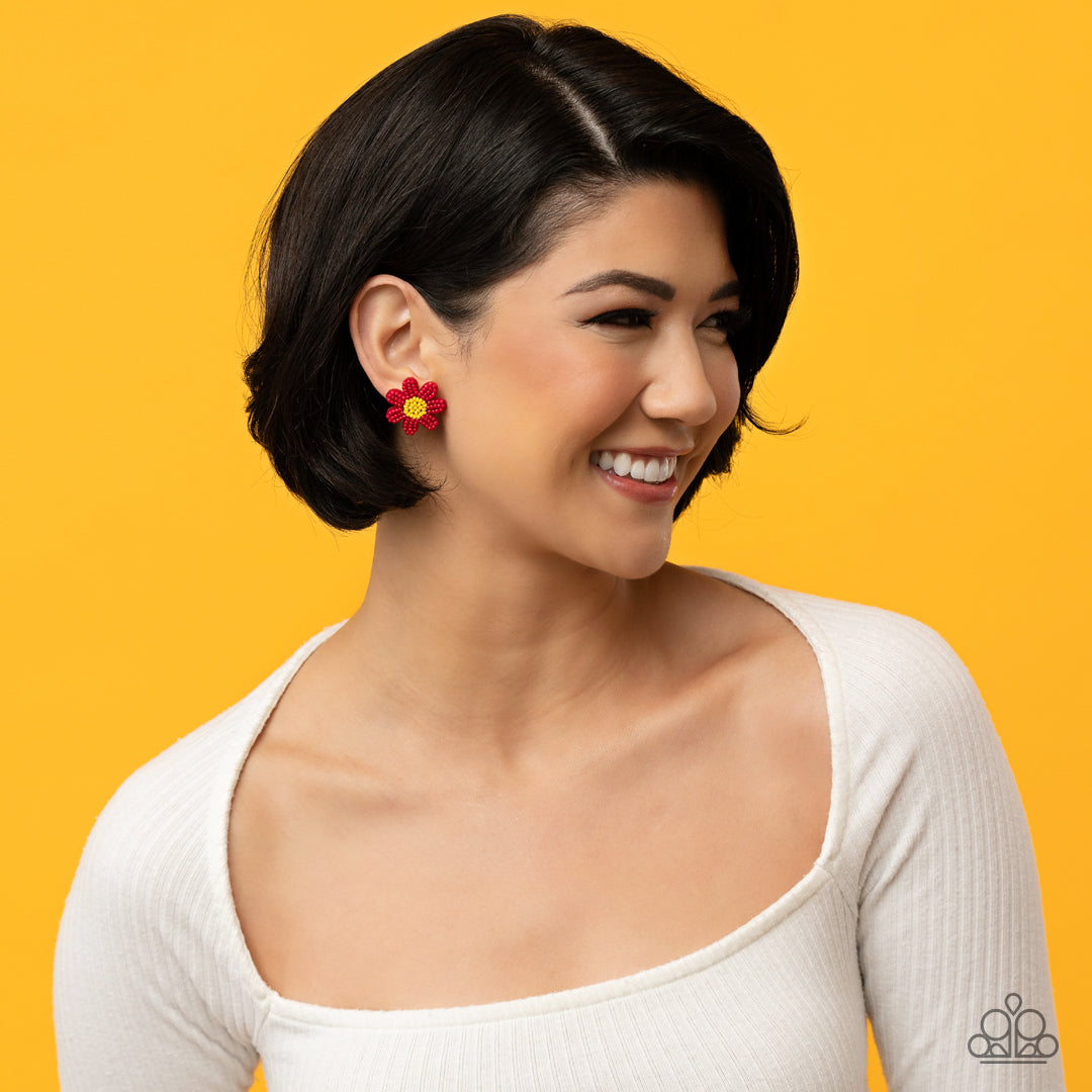 Paparazzi Accessories - Sensational Seeds - Red Seed Bead Earrings layers of red seed bead petals fan out from a yellow seed bead center, blooming into a textured floral centerpiece. Earring attaches to a standard post fitting.  Sold as one pair of post earrings.