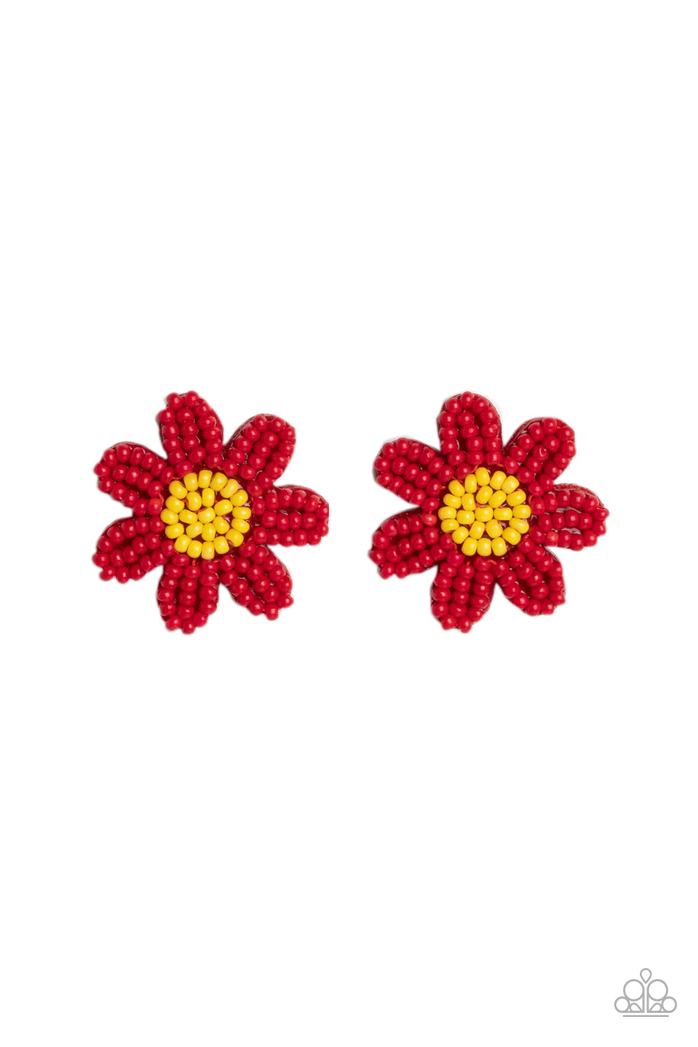 Paparazzi Accessories - Sensational Seeds - Red Seed Bead Earrings layers of red seed bead petals fan out from a yellow seed bead center, blooming into a textured floral centerpiece. Earring attaches to a standard post fitting. Sold as one pair of post earrings.