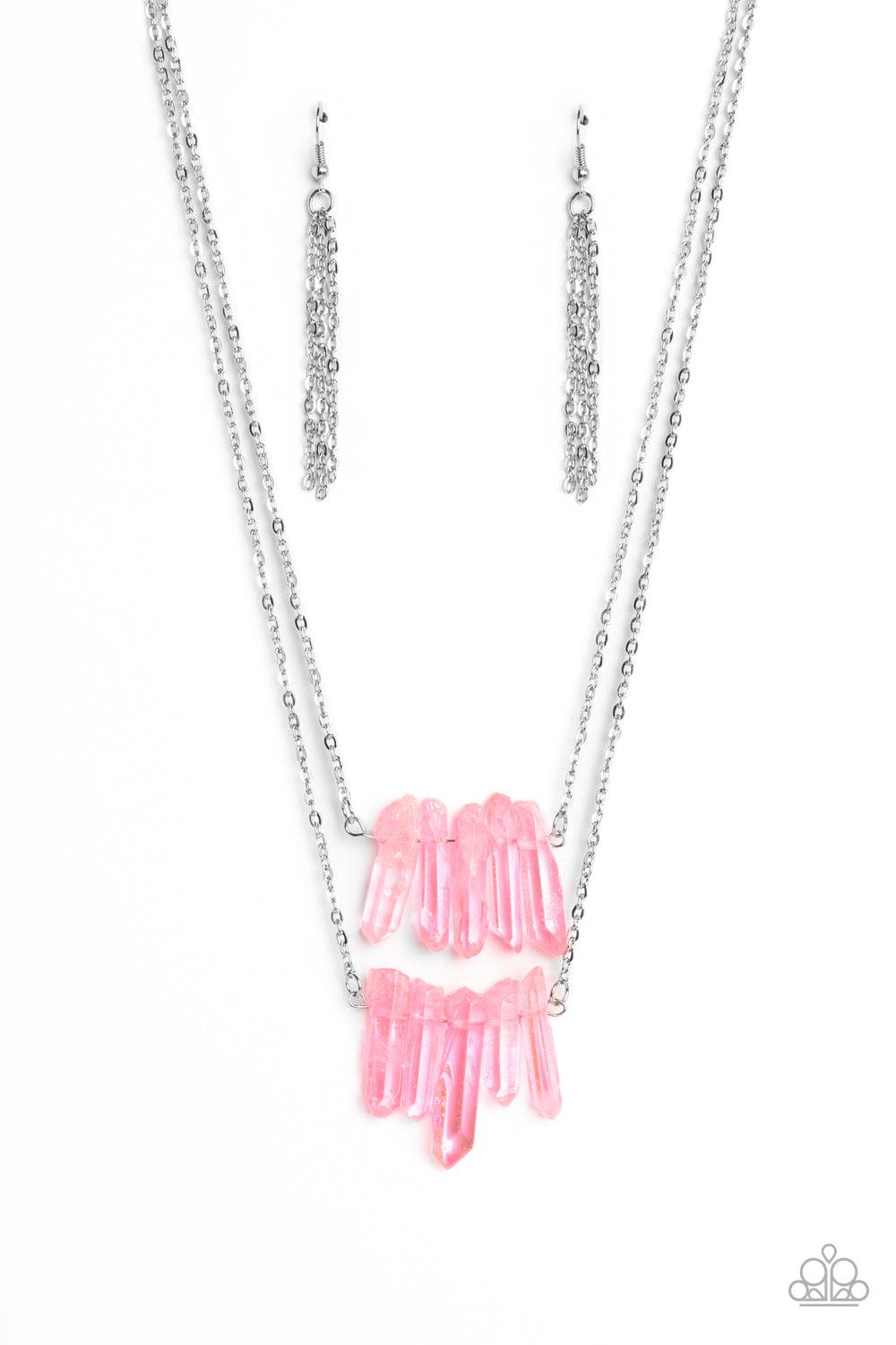 Paparazzi Accessories - Crystal Catwalk - Pink Necklace chiseled into a colorful collection, two layers of transparent pink crystal-like stones swings from the bottom of two dainty silver chains for a handcrafted, artisanal look. Features an adjustable clasp closure. As the stone elements in this piece are natural, some color variation is normal.  Sold as one individual necklace. Includes one pair of matching earrings.
