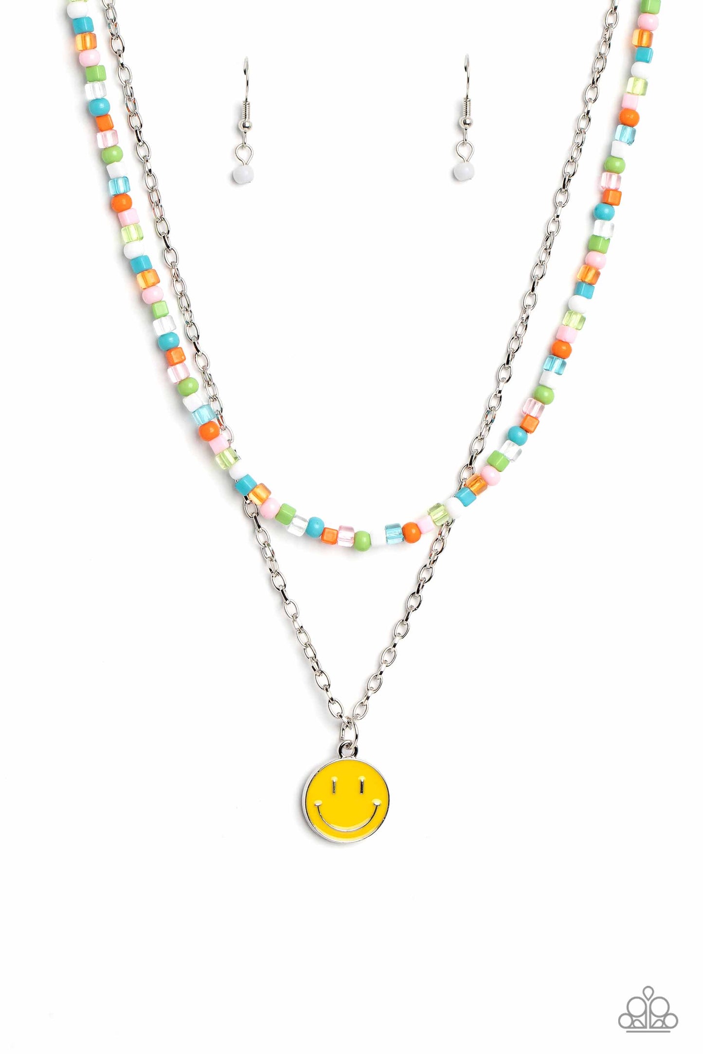 Paparazzi Accessories - High School Reunion - Multi Necklaces gliding from a dainty, silver chain, a smiley face pendant stands out against a yellow backdrop. Completing the charismatic ensemble, a collection of seed beads in shades of baby pink, apple green, white, orange, and turquoise create bright pops of color around the neckline for a youthful finish. Features an adjustable clasp closure. Sold as one individual necklace. Includes one pair of matching earrings.