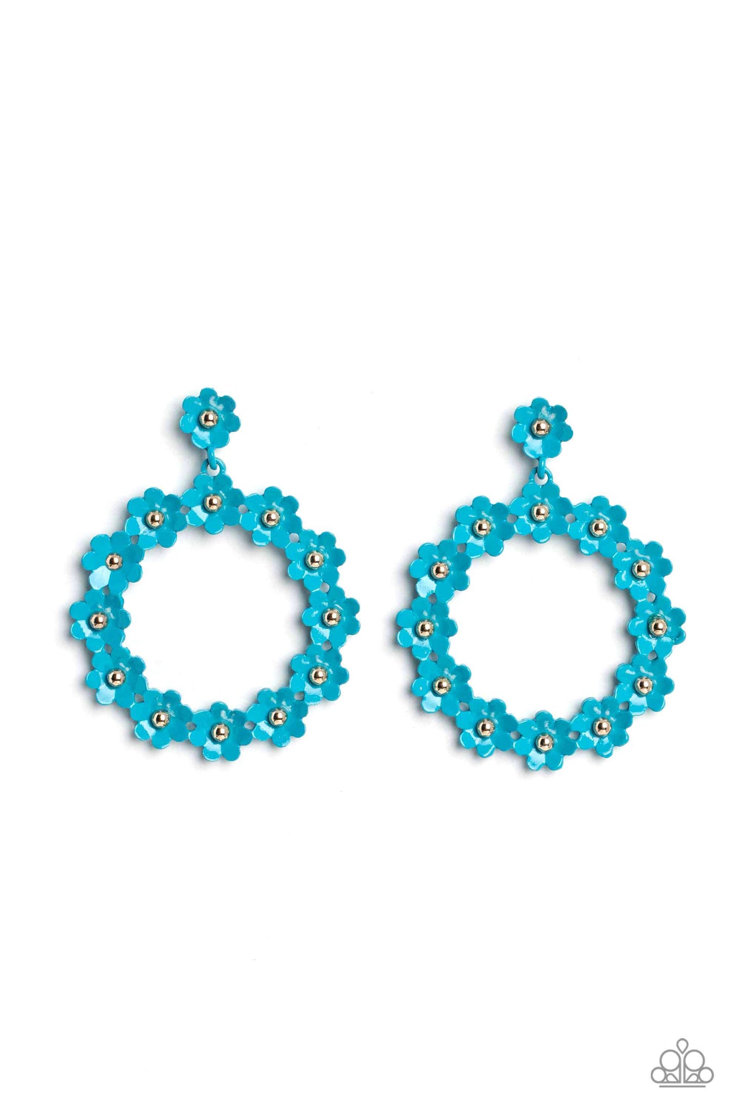Paparazzi Accessories - Daisy Meadows - Blue Floral Earrings hanging from a solitaire blue daisy, a dainty collection of blue daisies bloom into a free-spirited wreath below the ear. Gold studs gleam from the centers of the tactile flowers, adding an industrial sheen to the display. Earring attaches to a standard post fitting. Sold as one pair of post earrings.