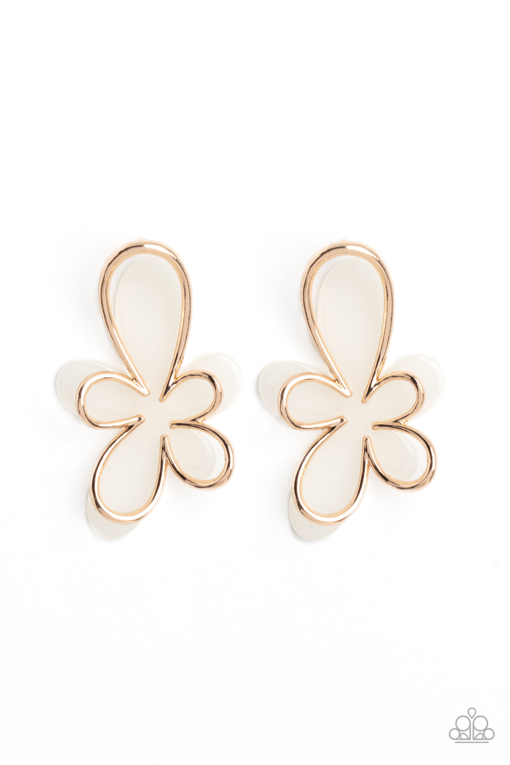 Paparazzi Accessories - Glimmering Gardens - Gold Floral Earrings an Overlapping a white abstract acrylic flower, a gold outline in the same abstract floral shape glimmers atop the pop of color for a three-dimensional fashionable lure. Earring attaches to a standard post fitting. Sold as one pair of post earrings.