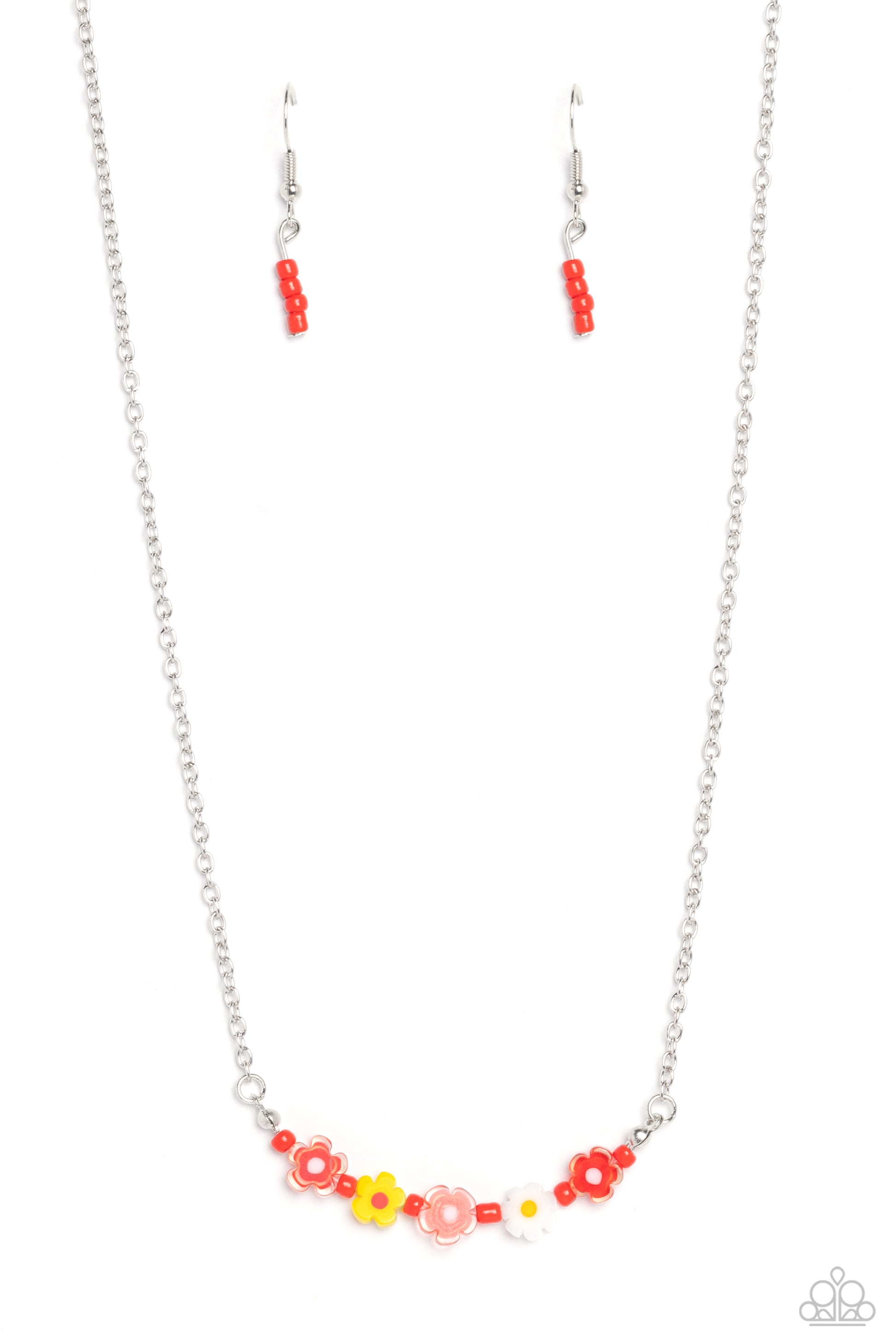 Paparazzi Accessories - BOUQUET We Go - Red Flower Necklaces Infused at the bottom of a dainty silver chain, a row of flower beads in shades of red, yellow, and white glide down the neckline. Separating each floral bead, red seed beads create additional pops of color against the seasonal flowers. Features an adjustable clasp closure.  Sold as one individual necklace. Includes one pair of matching earrings.