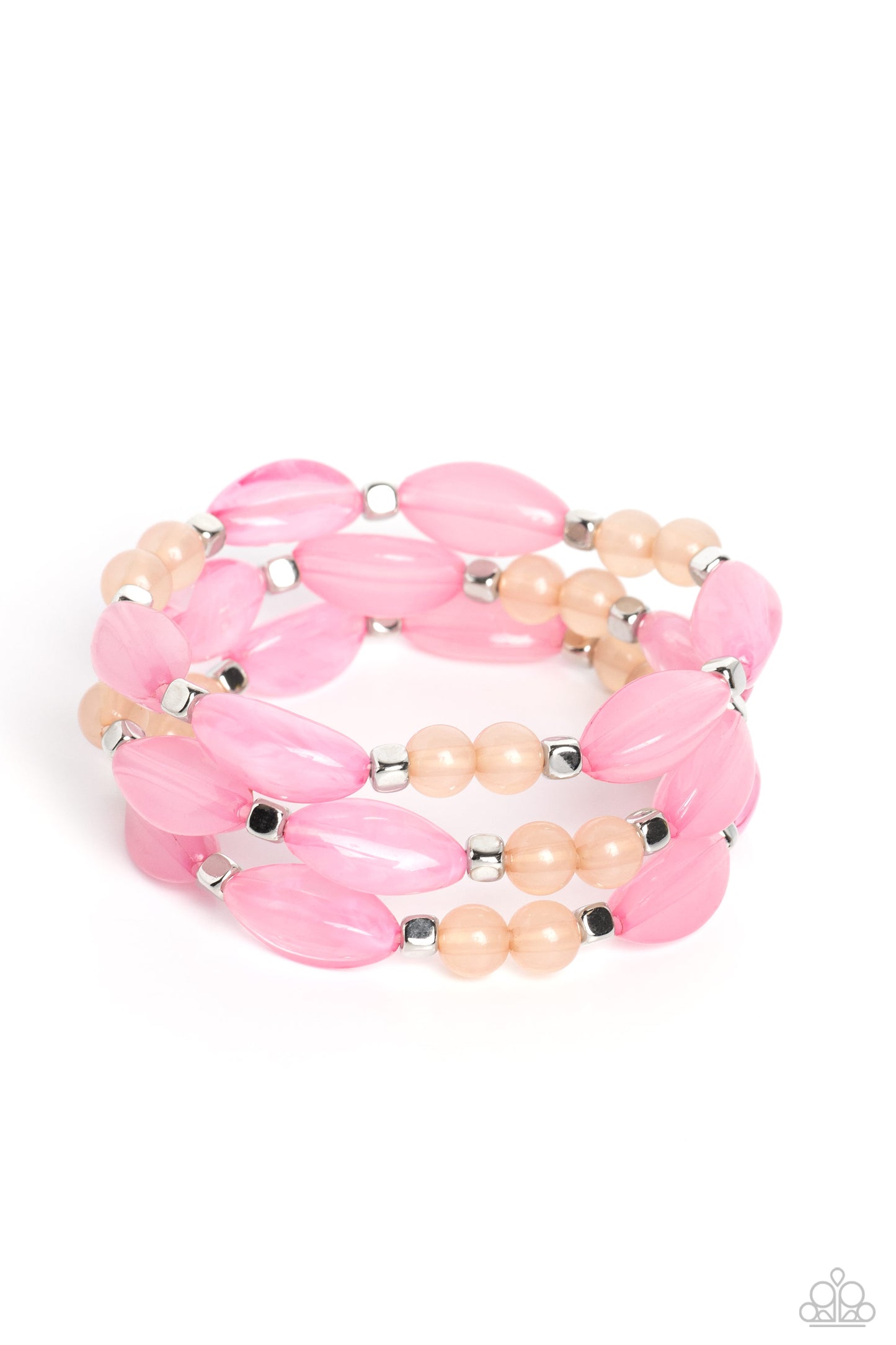 Shiny silver cubed accents, cloudy, milky, pink oval beads and milky peach beads coalesce down the neckline on invisible wires, creating a trio of colorful layers. Features an adjustable clasp closure. Sold as one individual necklace. Includes one pair of matching earrings. Get The Complete Look! Bracelet: "BEAD Drill - Shiny silver cubed accents, cloudy, milky, pink oval beads and milky peach beads wrap around the wrist on stretchy bands, creating colorful layers. Sold as one set of three bracelets.