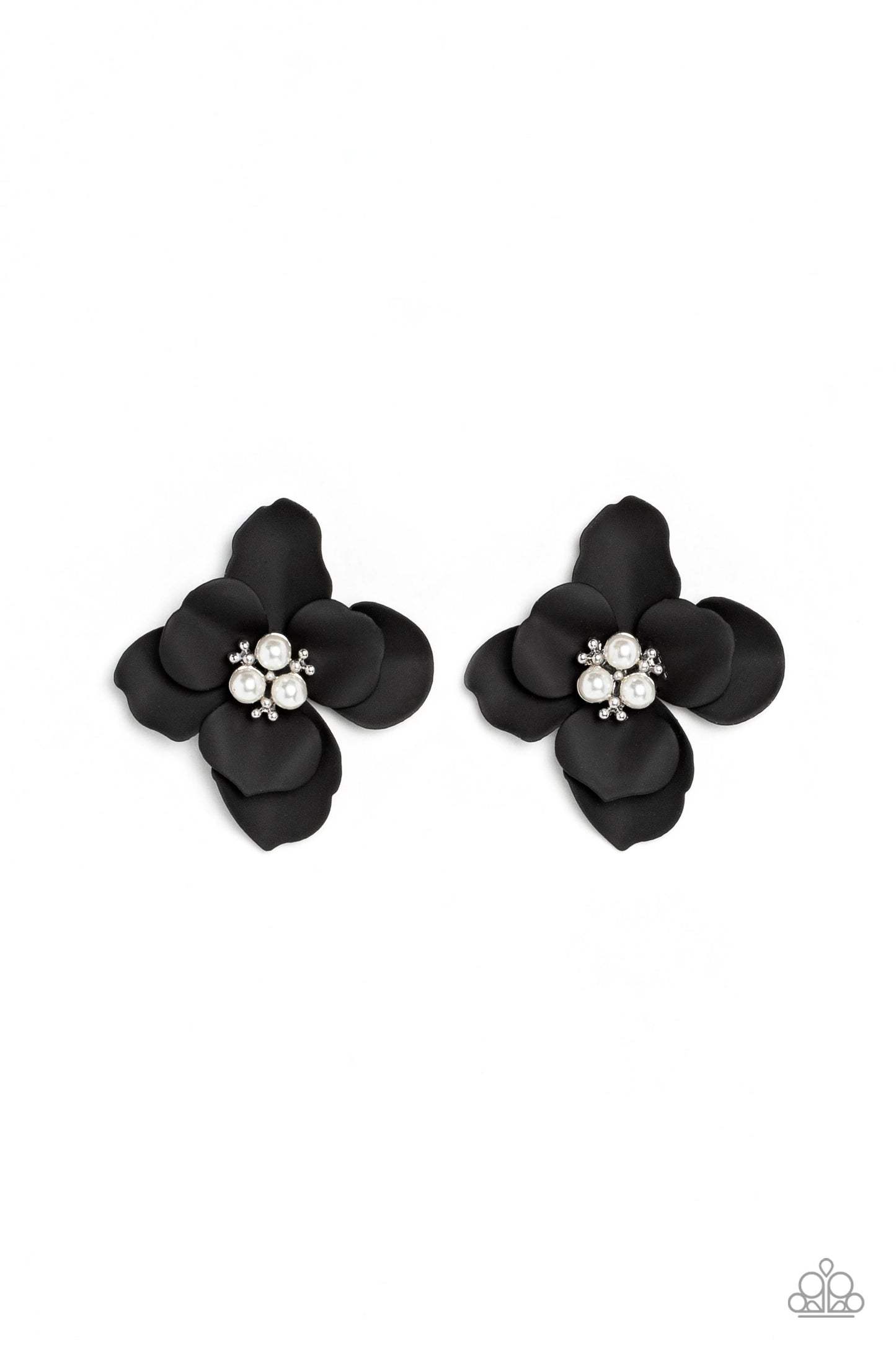 Paparazzi Accessories - Javial Jasmine - Black Floral Earrings blooming from a dainty white pearl and studded center, black petals flare out around the ear in a delicate, airy manner for a feminine finish. Earring attaches to a standard post fitting. Sold as one pair of post earrings.