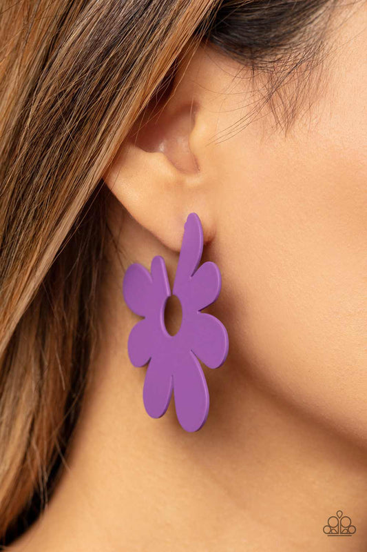 Paparazzi Accessories - Flower Power Fantasy - Purple EMP 2023 Earrings Asymmetrical, oversized purple petals bloom into an abstract flower hoop for a fashionable, attention-grabbing pop of color around the ear. Earring attaches to a standard post fitting. Hoop measures approximately 2" in diameter.  Sold as one pair of hoop earrings.