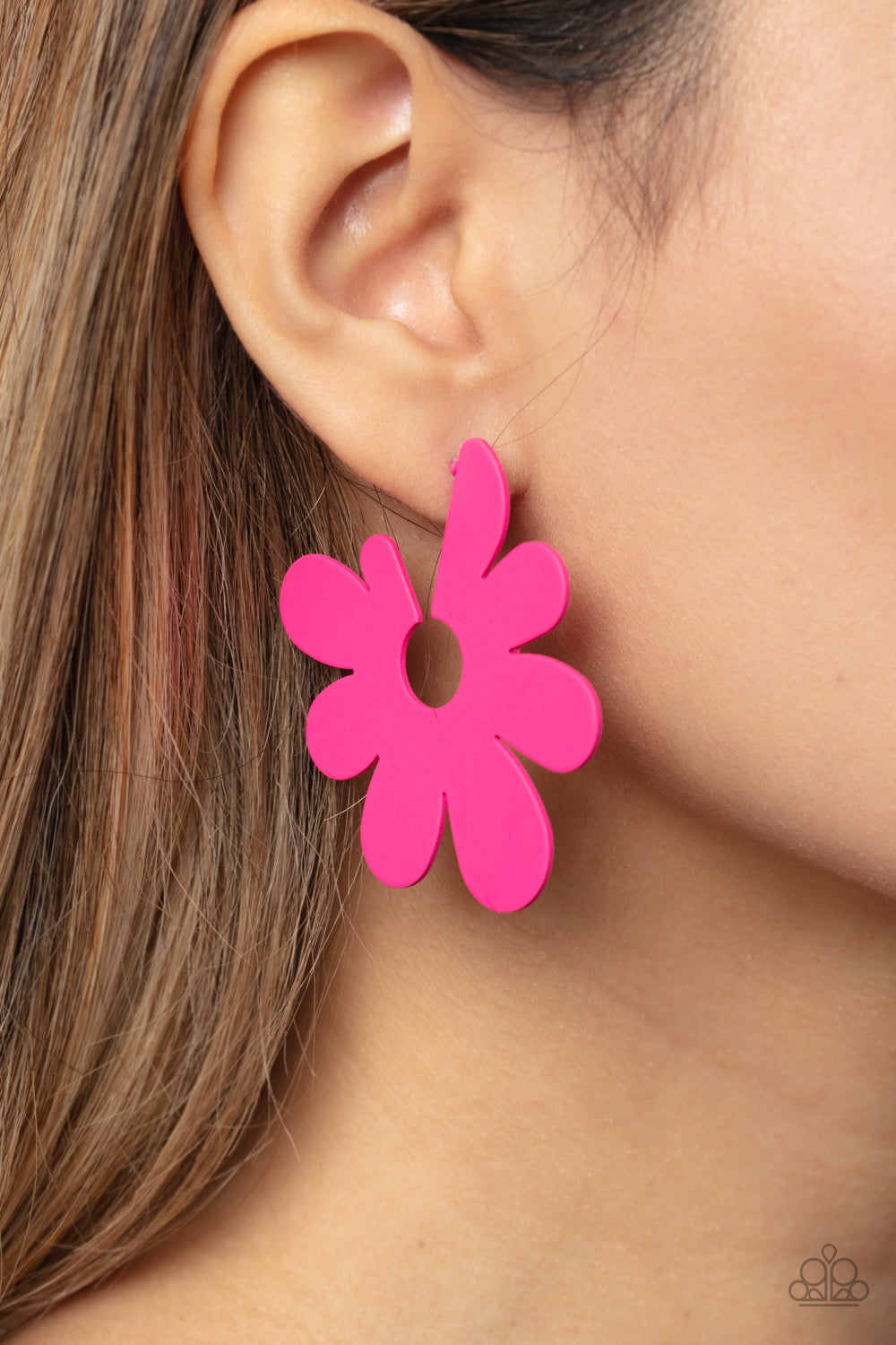 Paparazzi Accessories - Flower Power Fantasy - Pink Floral Earrings asymmetrical, oversized Pink Peacock petals bloom into an abstract flower hoop for a fashionable, attention-grabbing pop of color around the ear. Earring attaches to a standard post fitting. Hoop measures approximately 2" in diameter. Sold as one pair of earrings.
