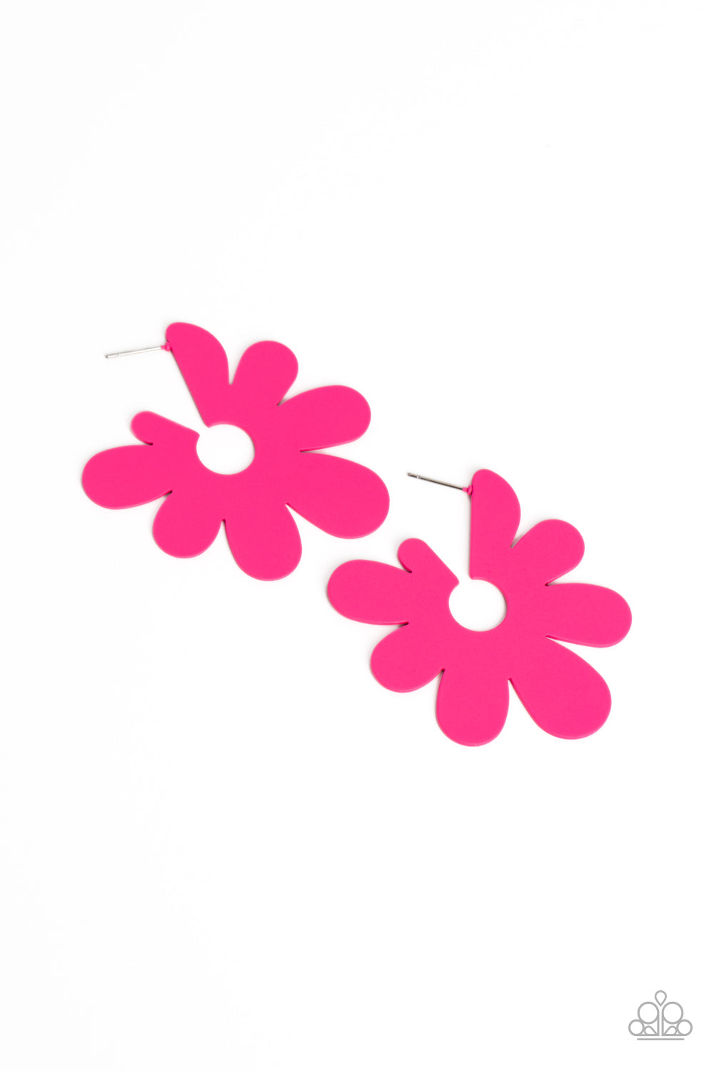 Paparazzi Accessories - Flower Power Fantasy - Pink Floral Earrings asymmetrical, oversized Pink Peacock petals bloom into an abstract flower hoop for a fashionable, attention-grabbing pop of color around the ear. Earring attaches to a standard post fitting. Hoop measures approximately 2" in diameter. Sold as one pair of earrings.