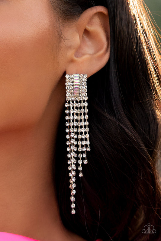 A-Lister Affirmations - Iridescent May 2022 Life of the Party Earrings a smattering of iridescent stones in the center of a glittering square of rhinestones is dazzling with various lengths of dripping rhinestones. Earring attaches to a standard post fitting.  Sold as one pair of post-style earrings.  May 2022 Life of the Party Exclusive item