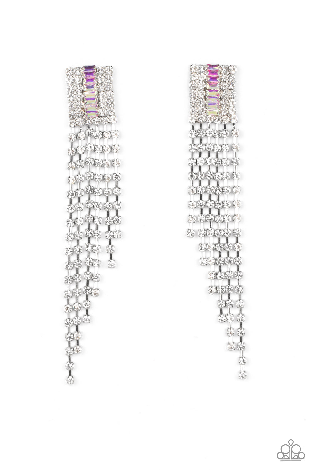 A-Lister Affirmations - Iridescent May 2022 Life of the Party Earrings a smattering of iridescent stones in the center of a glittering square of rhinestones is dazzling with various lengths of dripping rhinestones. Earring attaches to a standard post fitting. Sold as one pair of post-style earrings. May 2022 Life of the Party Exclusive item